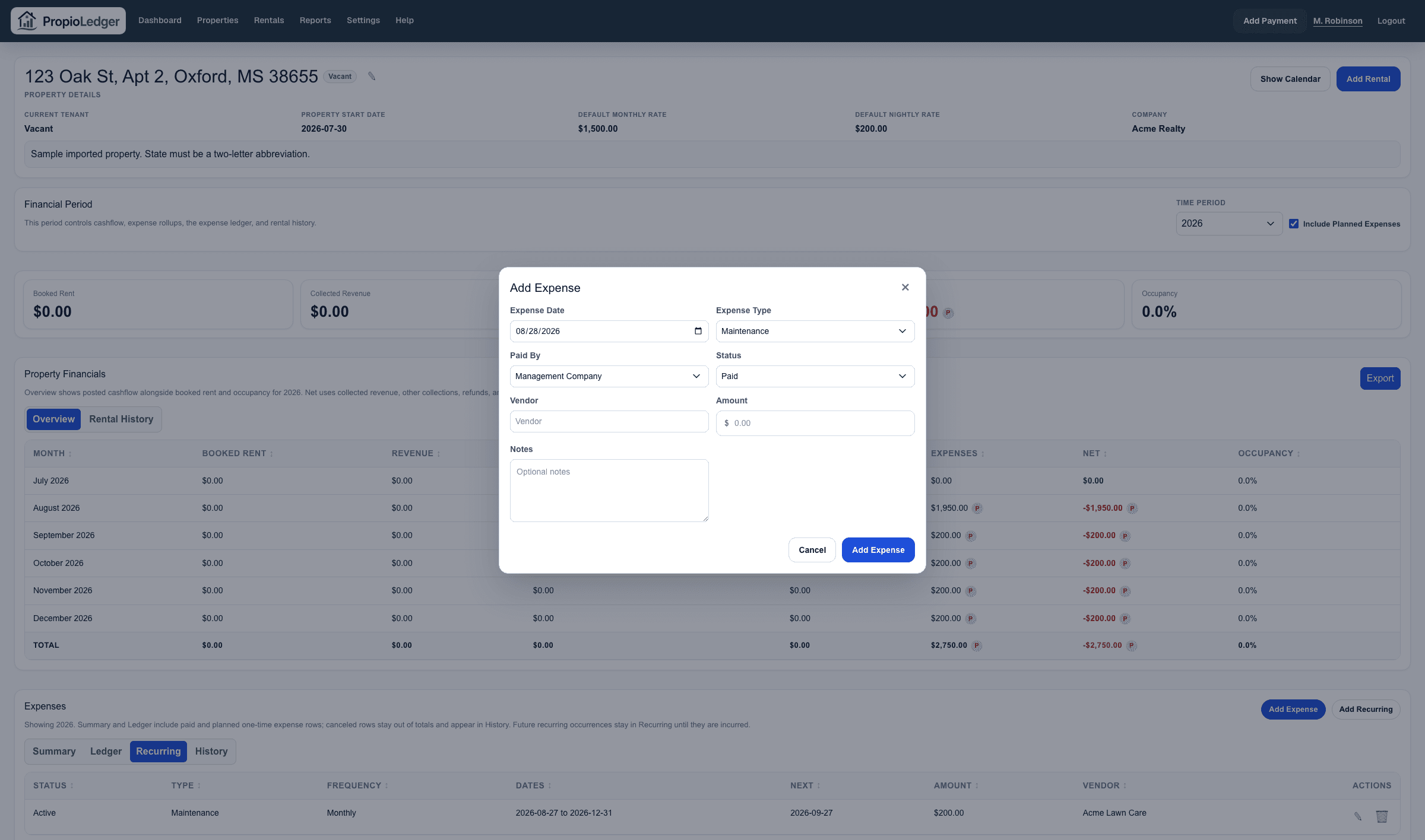 PropioLedger Add Expense modal with date paid, expense type, paid by, vendor, amount, and notes fields