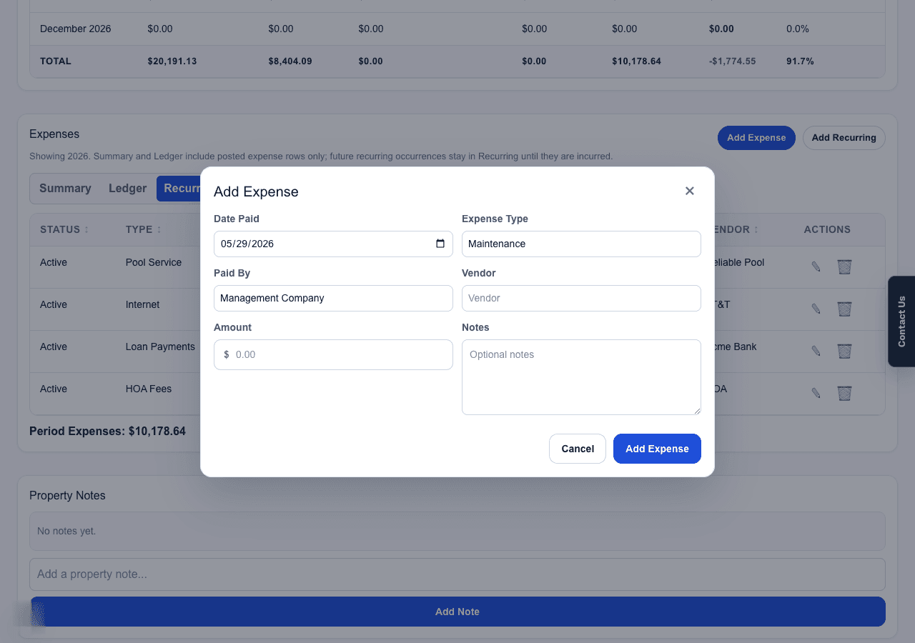 Add Expense modal showing date paid, expense type, paid by, amount, vendor, notes, cancel, and save buttons.
