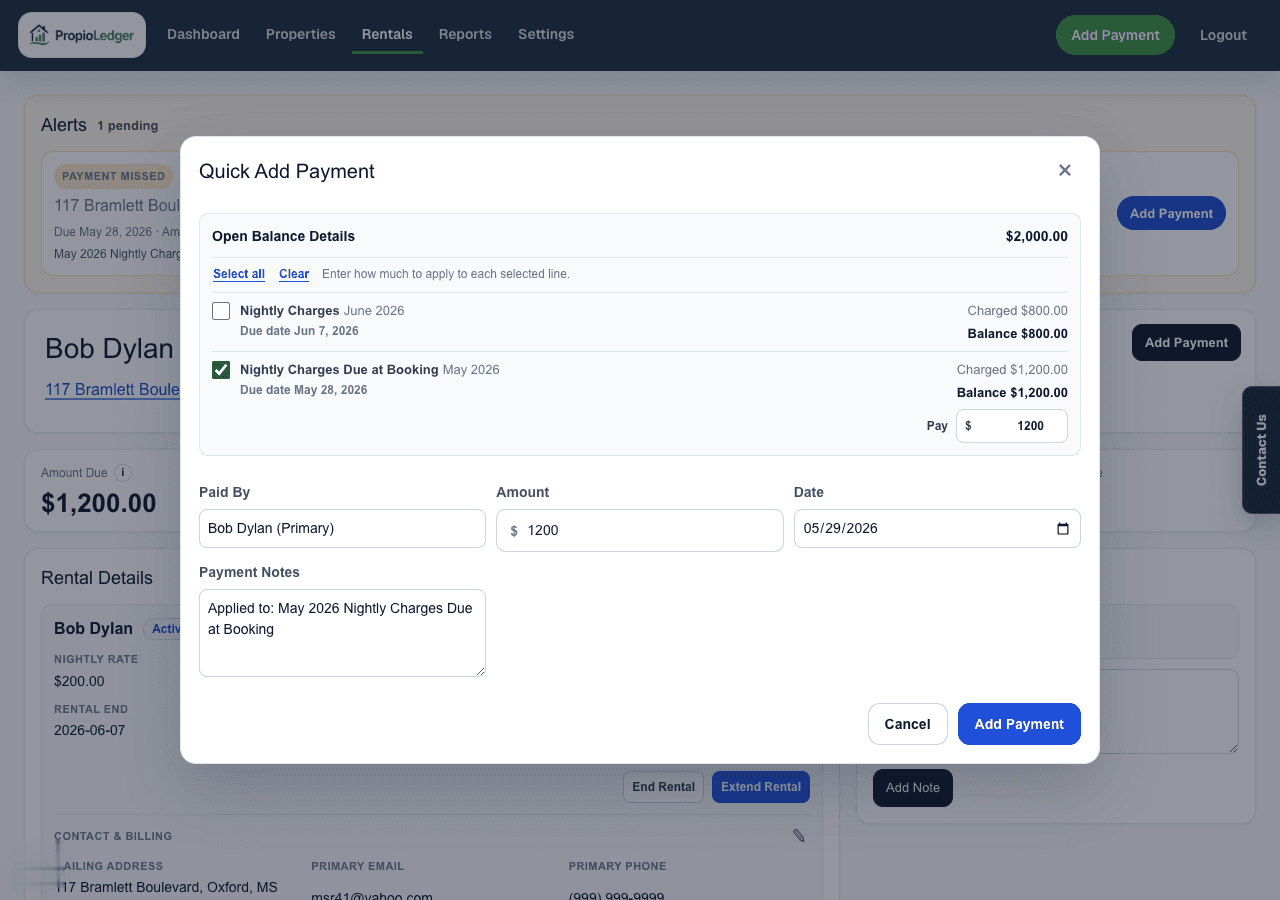 Quick Add Payment modal showing open balance line selection, payer, payment amount, payment date, notes, and Add Payment button.