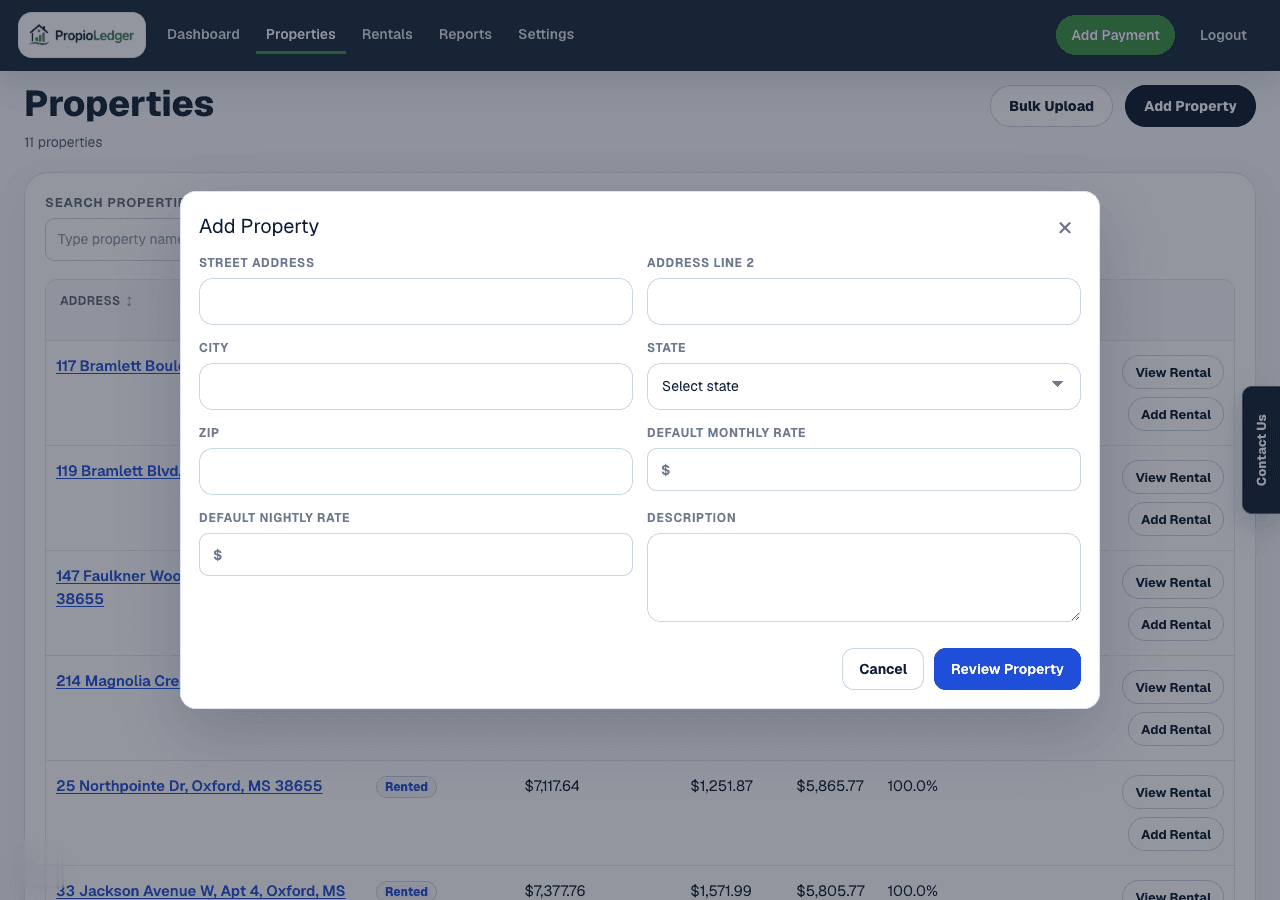 Add Property modal showing address fields, default monthly rate, default nightly rate, and description.