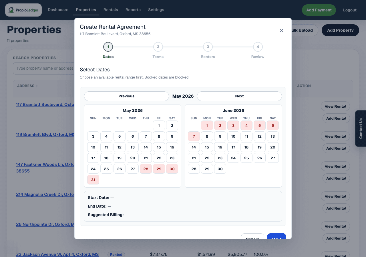 Create Rental Agreement modal showing rental date selection and availability calendar.