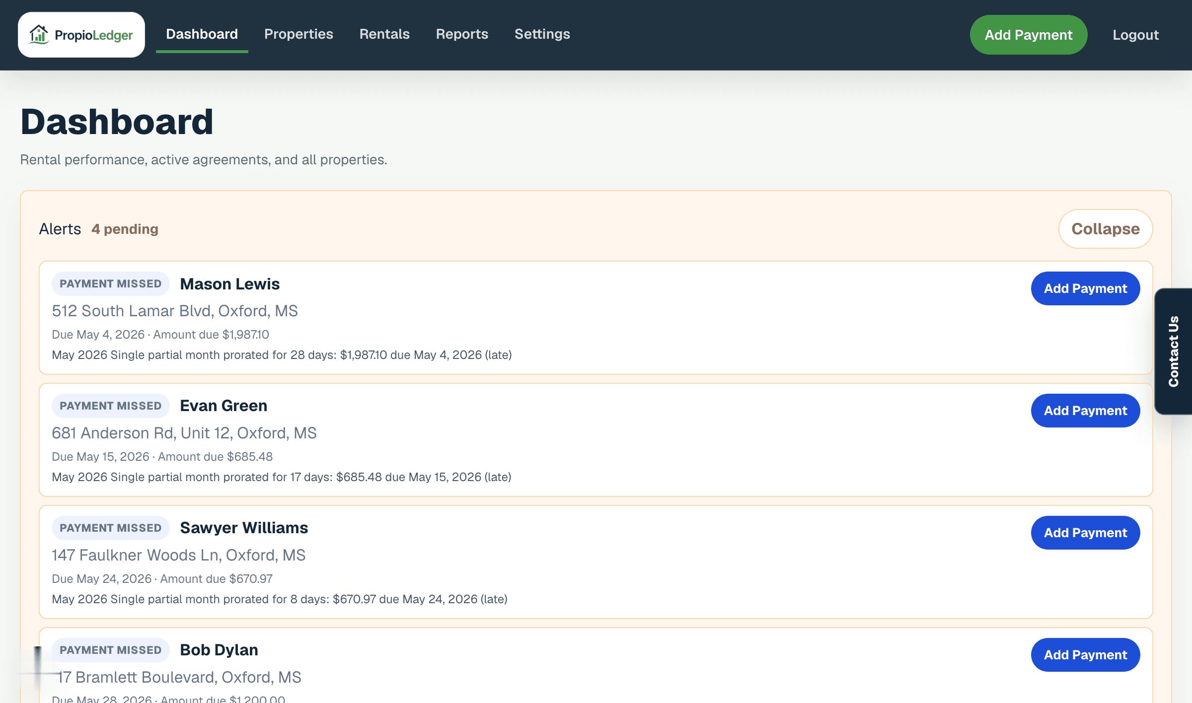 Dashboard showing alerts, balance cards, performance metrics, property performance, active rentals, and map.