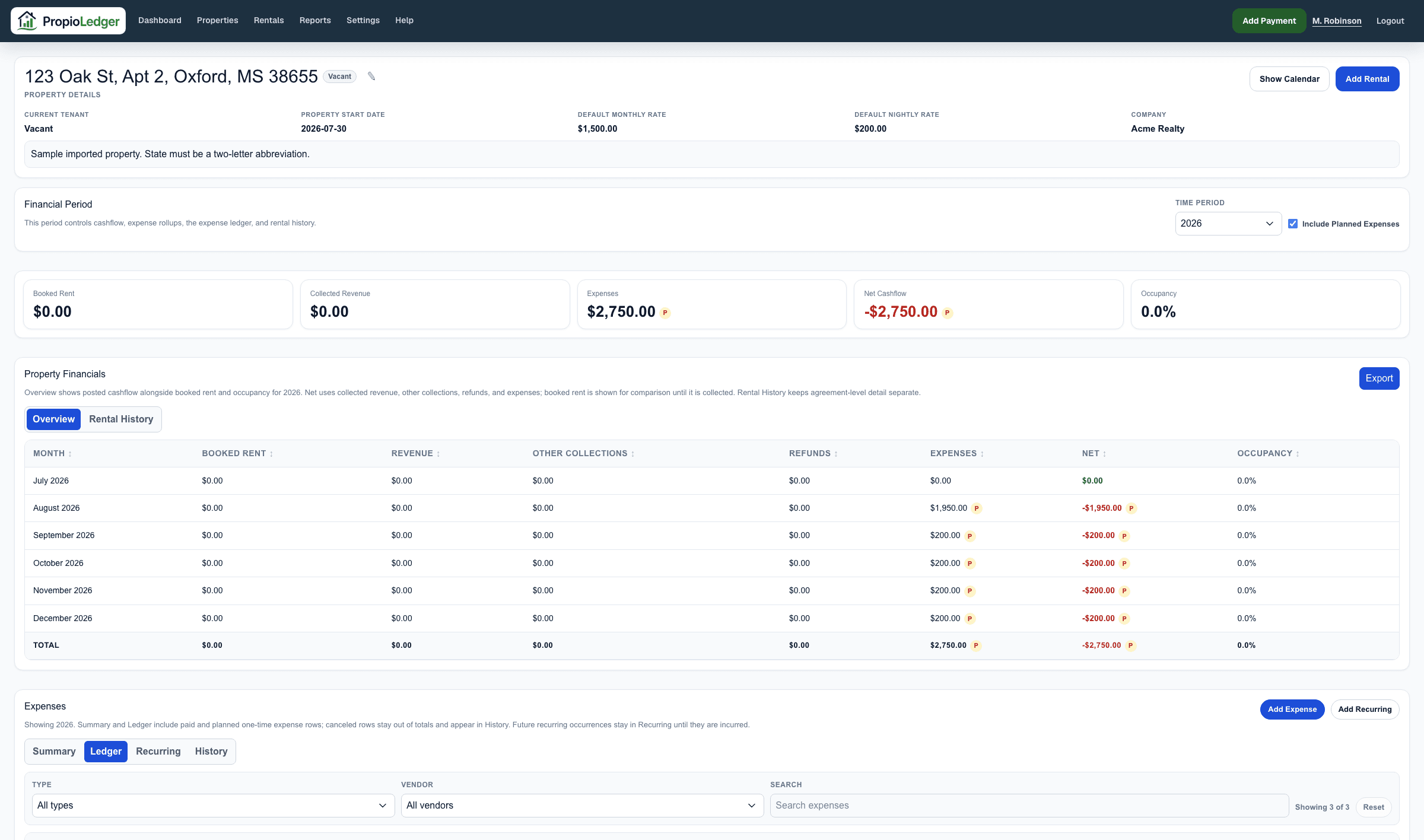 Property page Expense Ledger tab showing paid and planned expense rows and filters.