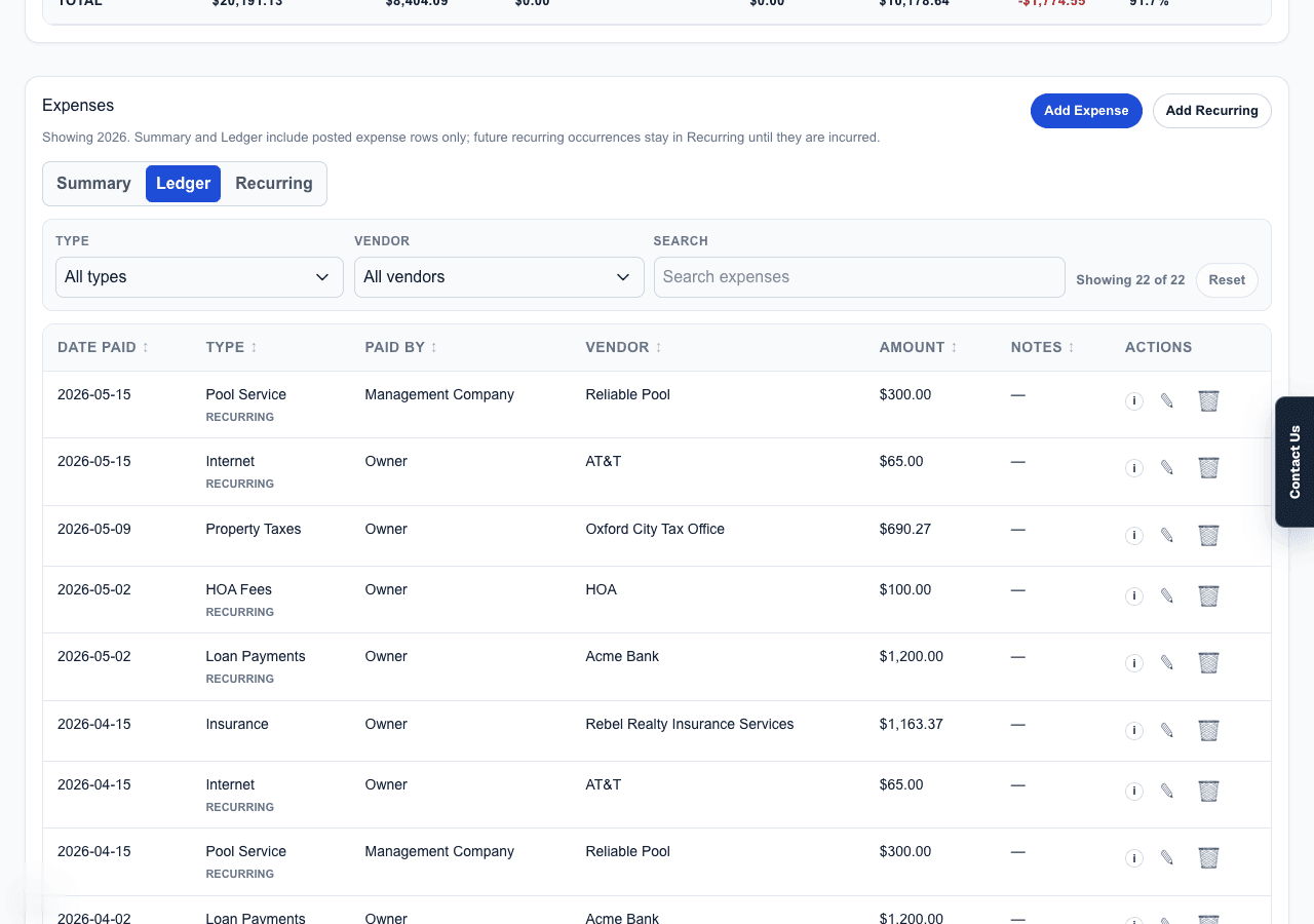 Property page Expense Ledger tab showing posted expense rows and filters.