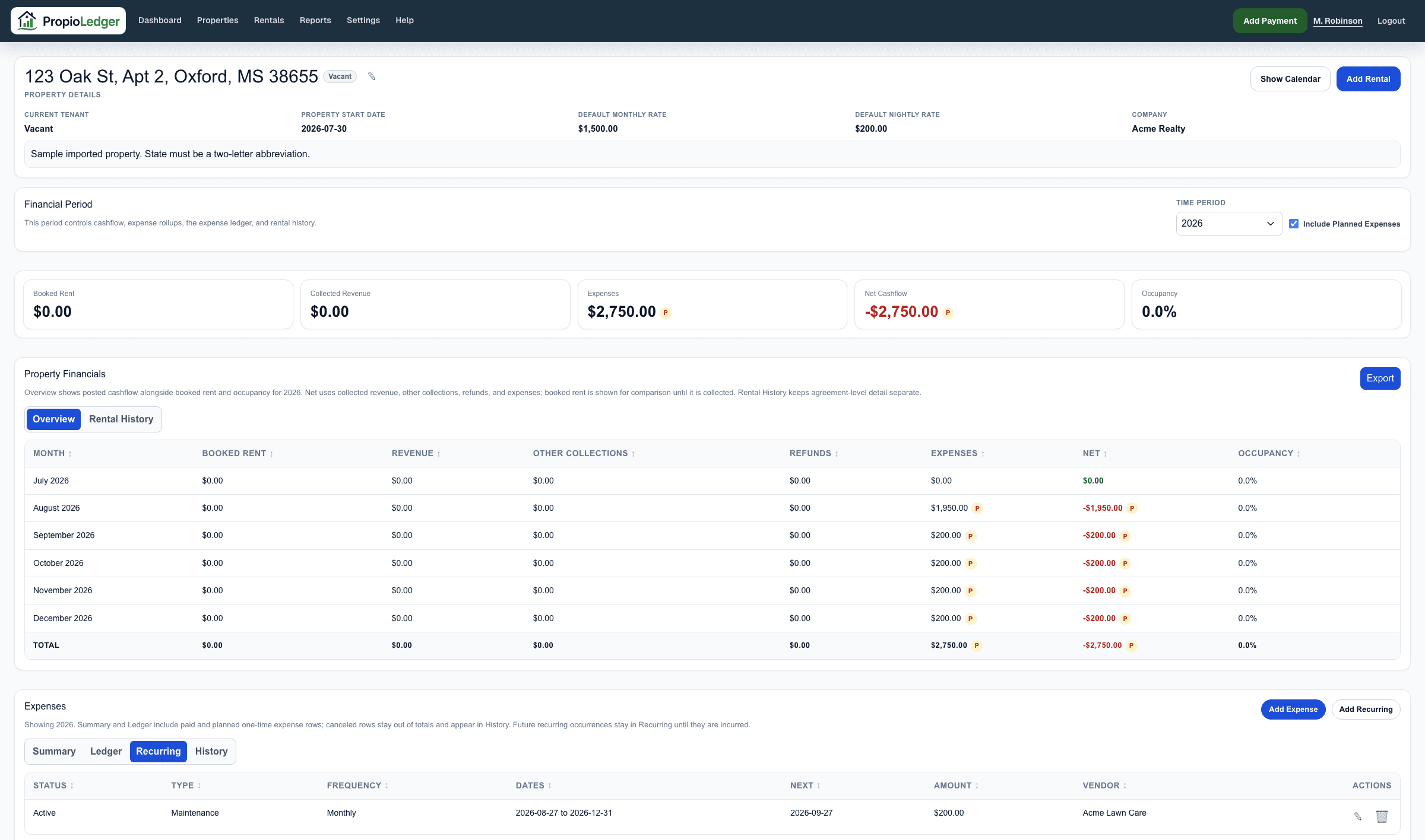 Property page Recurring expenses tab showing recurring expense series and next scheduled occurrence information.