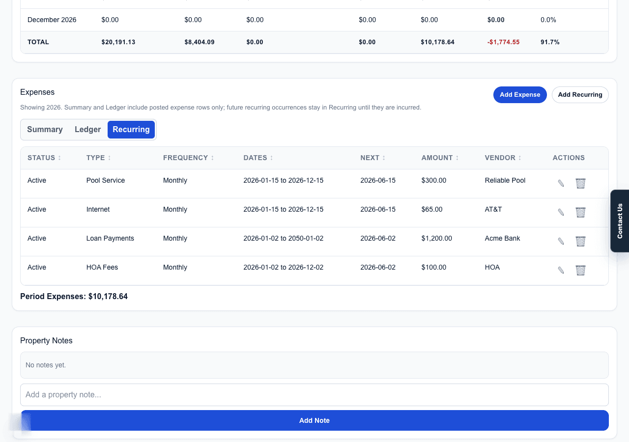 Property page Recurring expenses tab showing recurring expense series and next scheduled occurrence information.