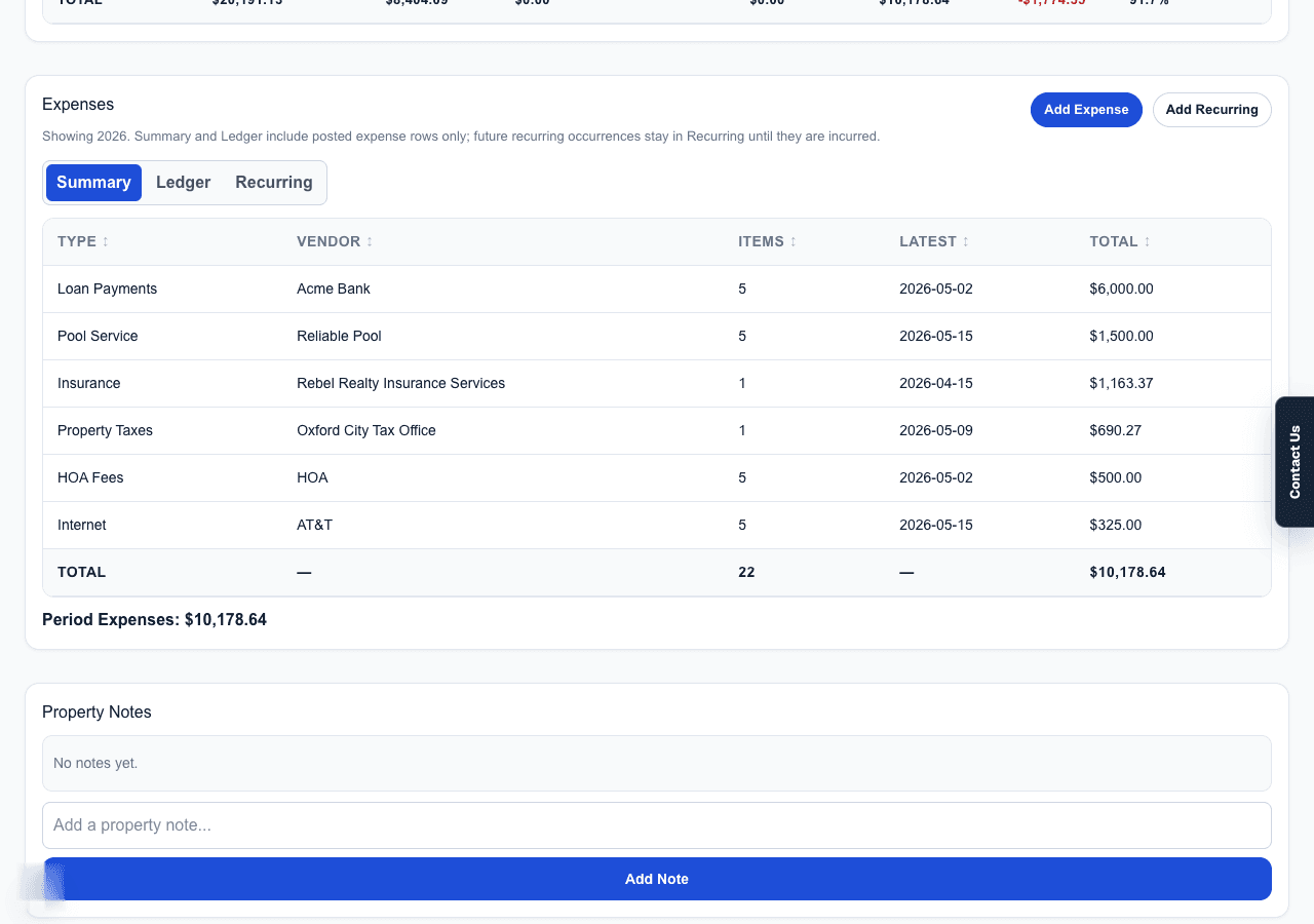 Property page showing expense summary and property financials with monthly expense totals.