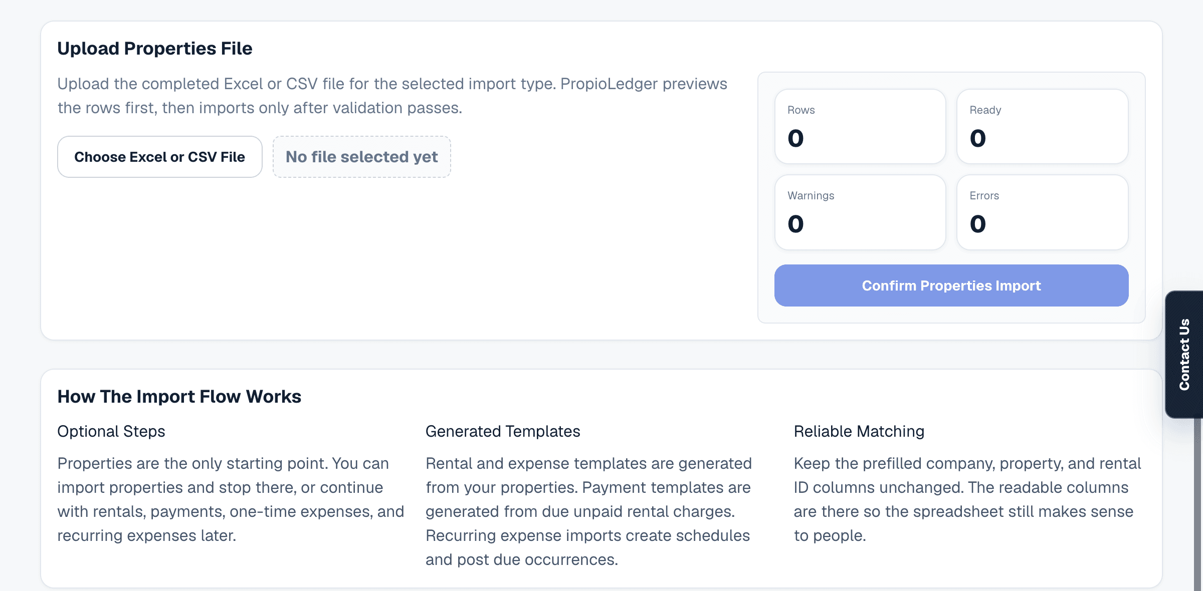 Import Center page showing staged import options for properties, rentals, payments, expenses, and recurring expenses.