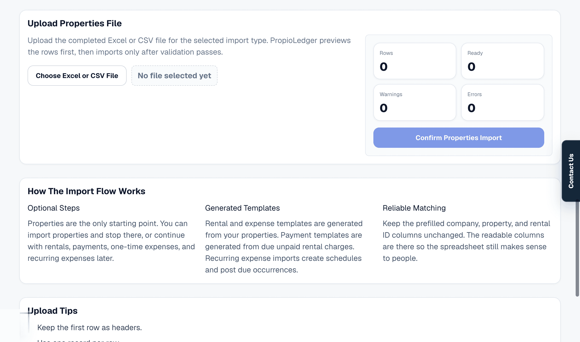 Import Center page showing import tabs, template steps, and property upload format.