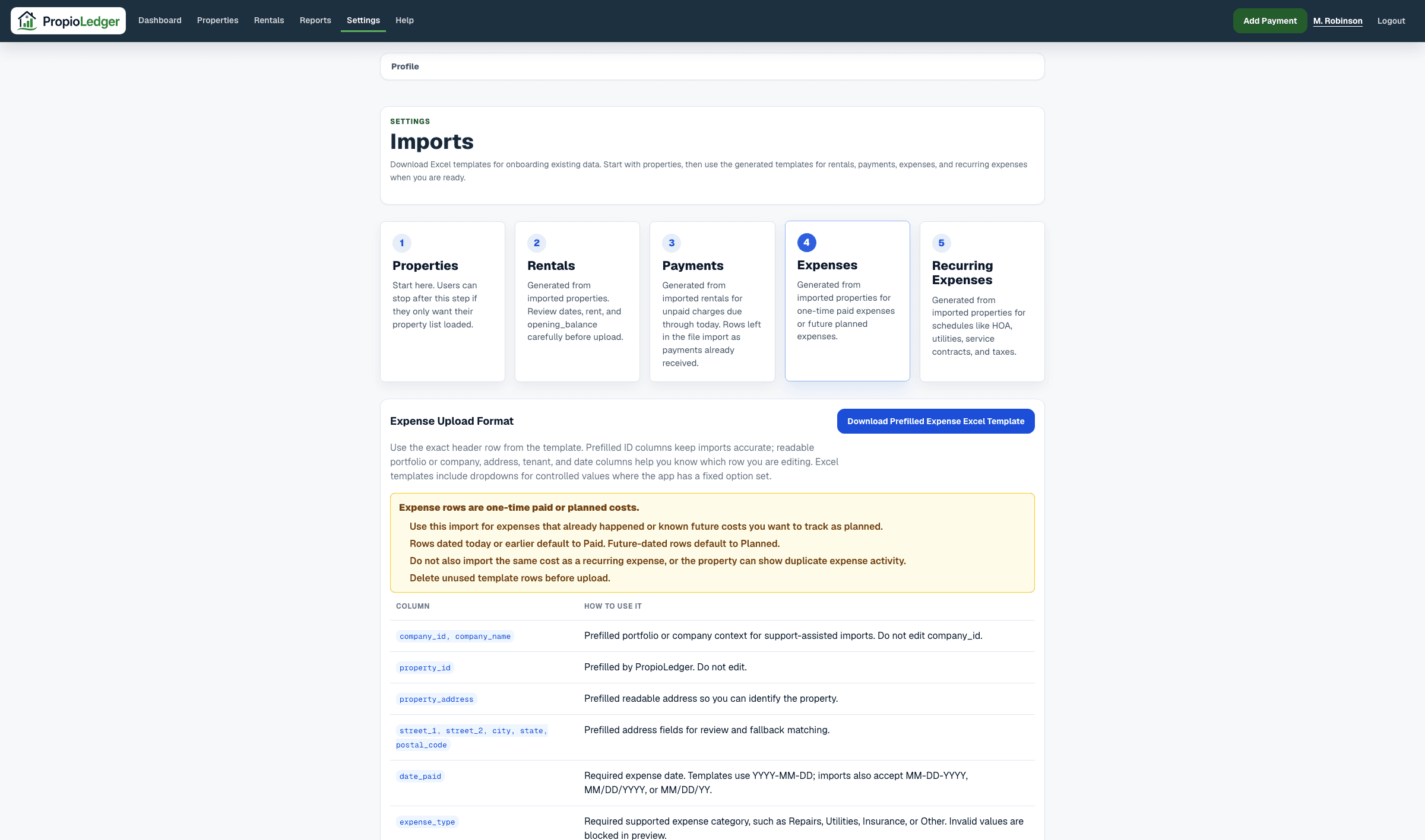 Import Center expense upload format showing one-time expense import columns and upload controls.