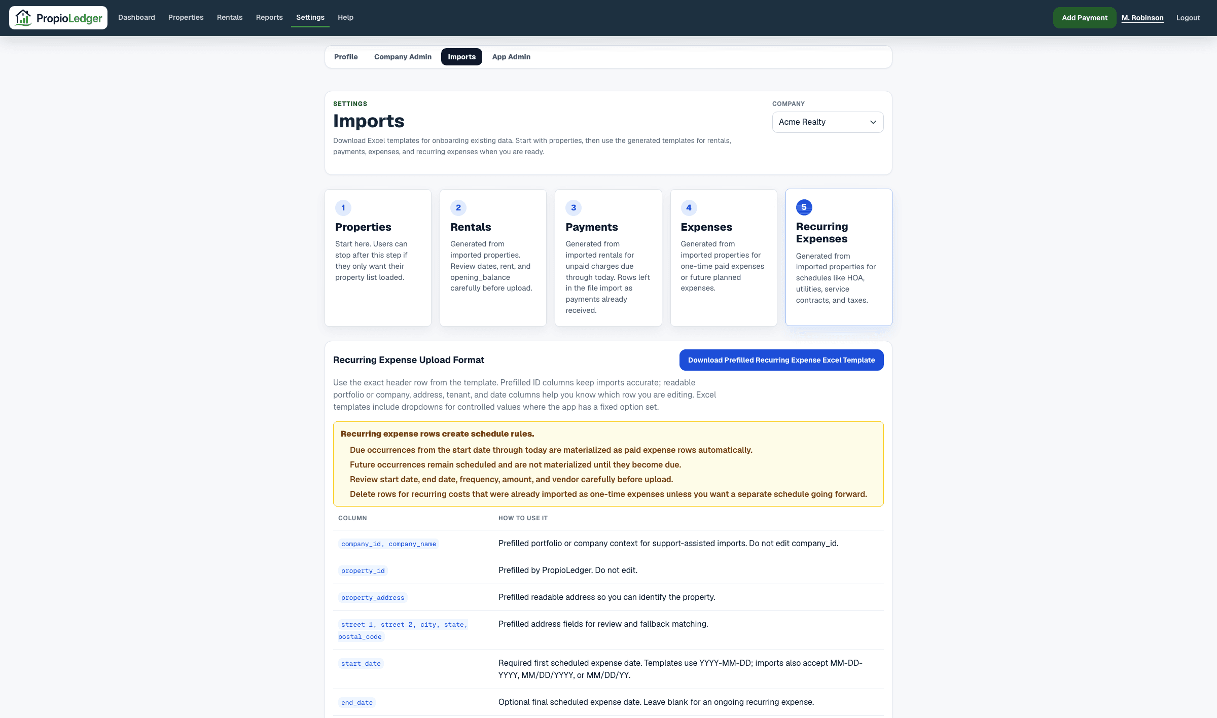 Import Center recurring expense upload format showing schedule columns, frequency, dates, and upload controls.