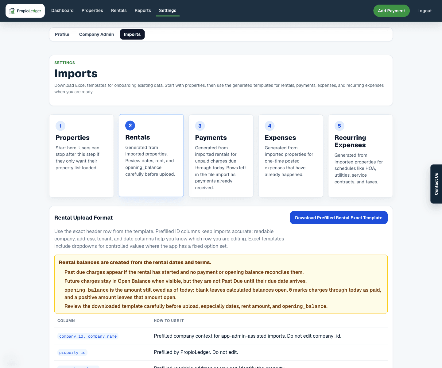 Import Center rental upload format showing rental columns, opening balance guidance, and upload controls.