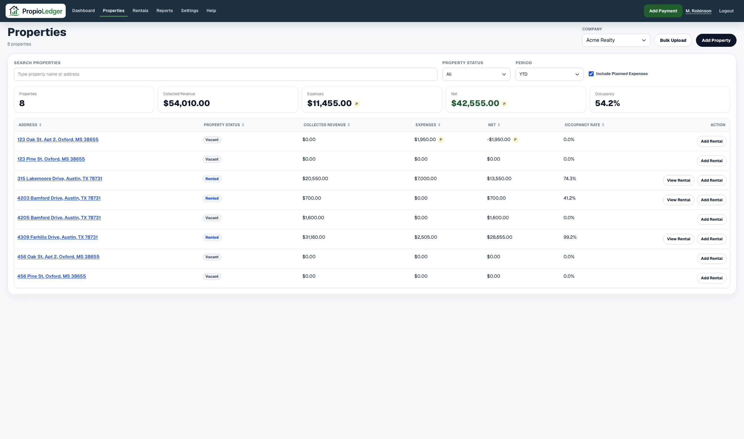 Properties page showing search, filters, property status, financial columns, occupancy, and add actions.