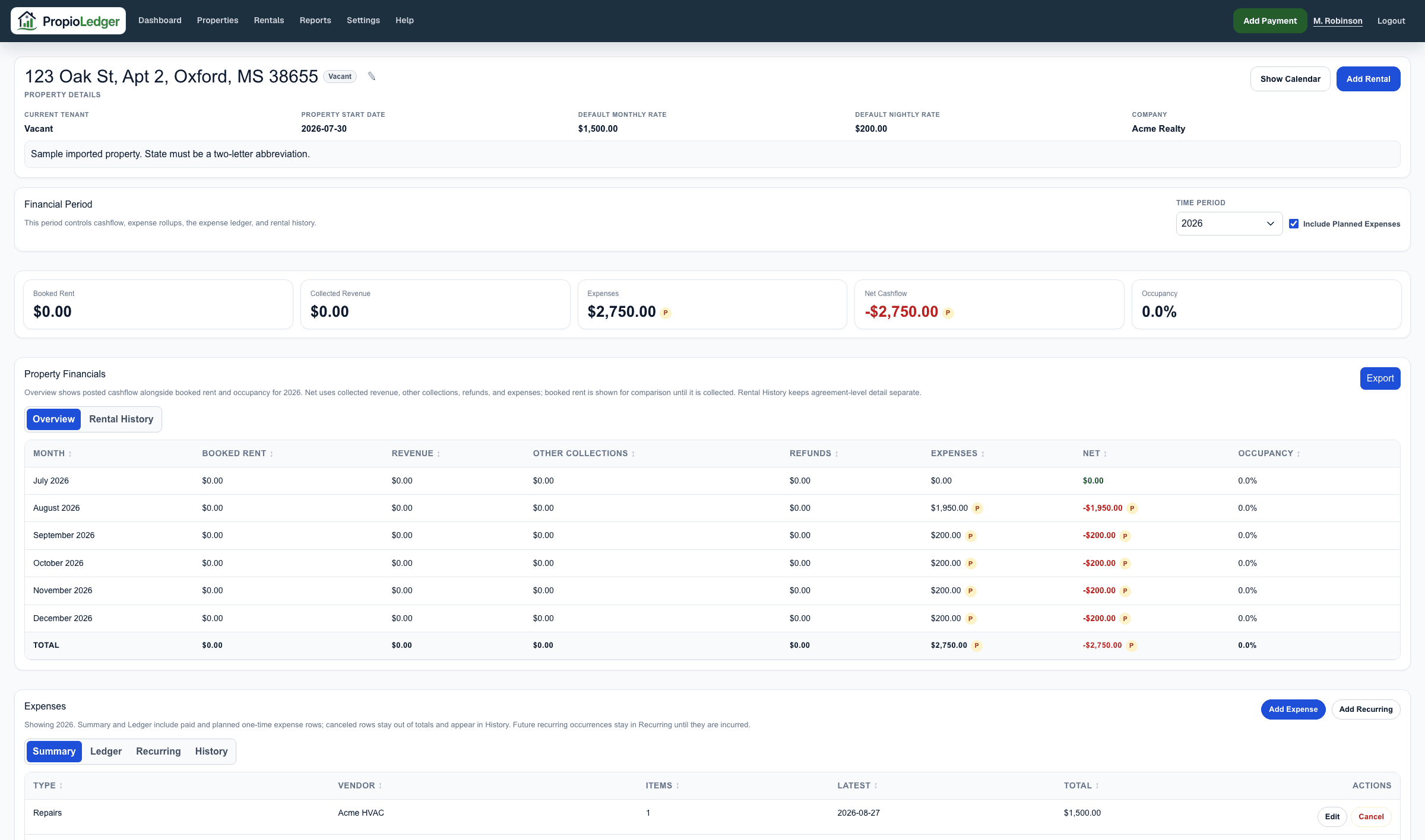 Property detail page showing property summary, expenses, property financials, cashflow, and map.