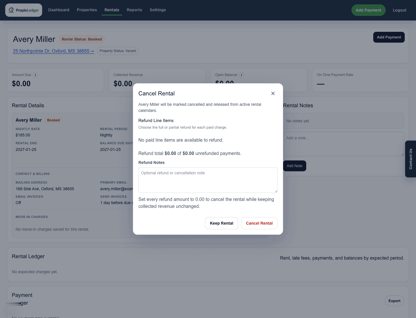 Cancel Rental modal showing refund line items and refund notes for a future booking.