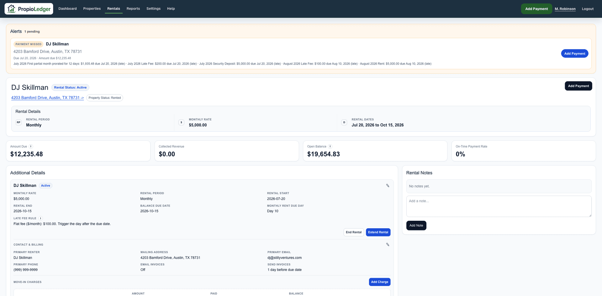 Rental detail ledger showing charges, payments, balances, and due line items.