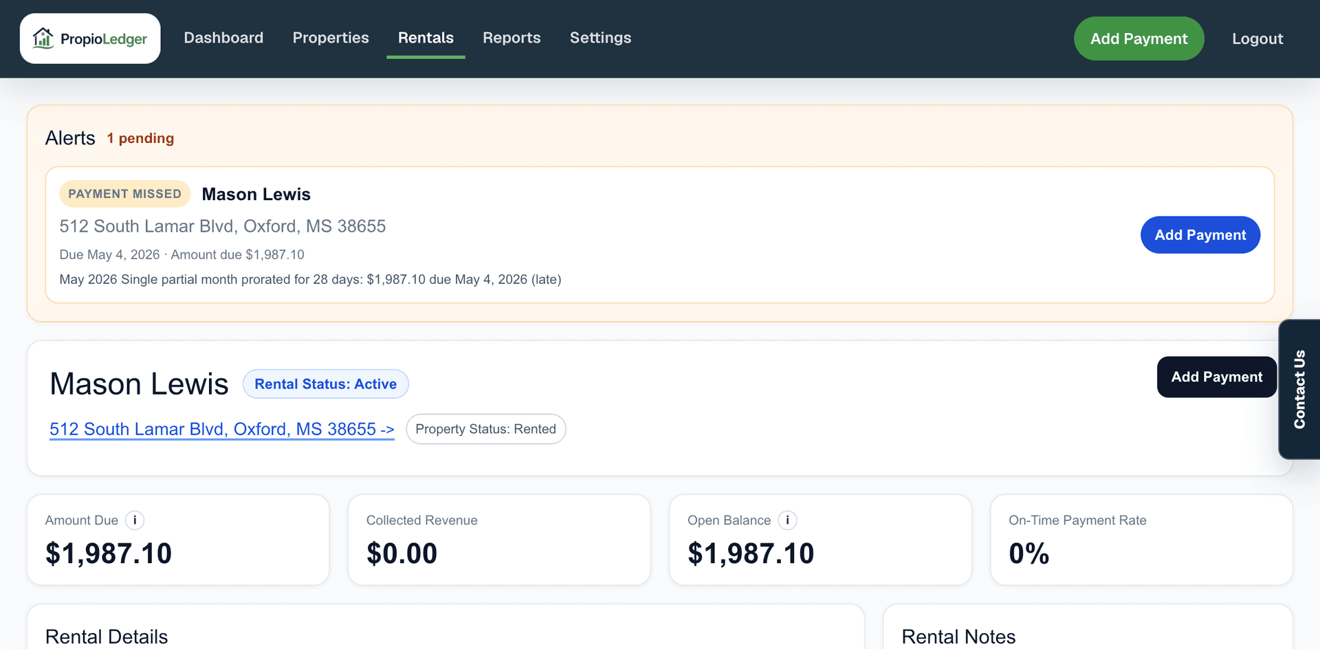 Rental detail ledger showing charges, payments, balances, and due line items.