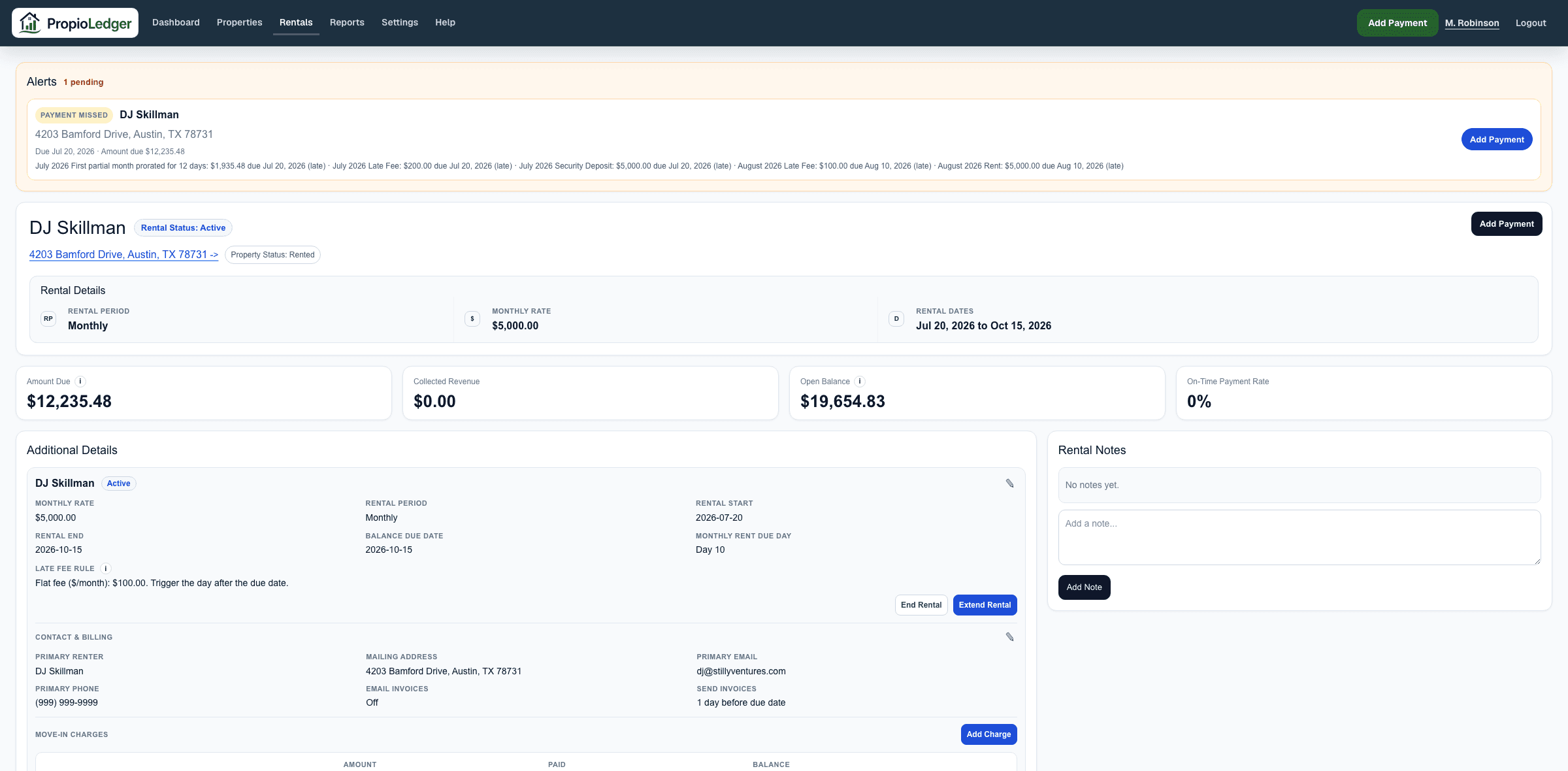 PropioLedger rental detail page showing fictional tenant balance, open balance, amount due, and payment activity context