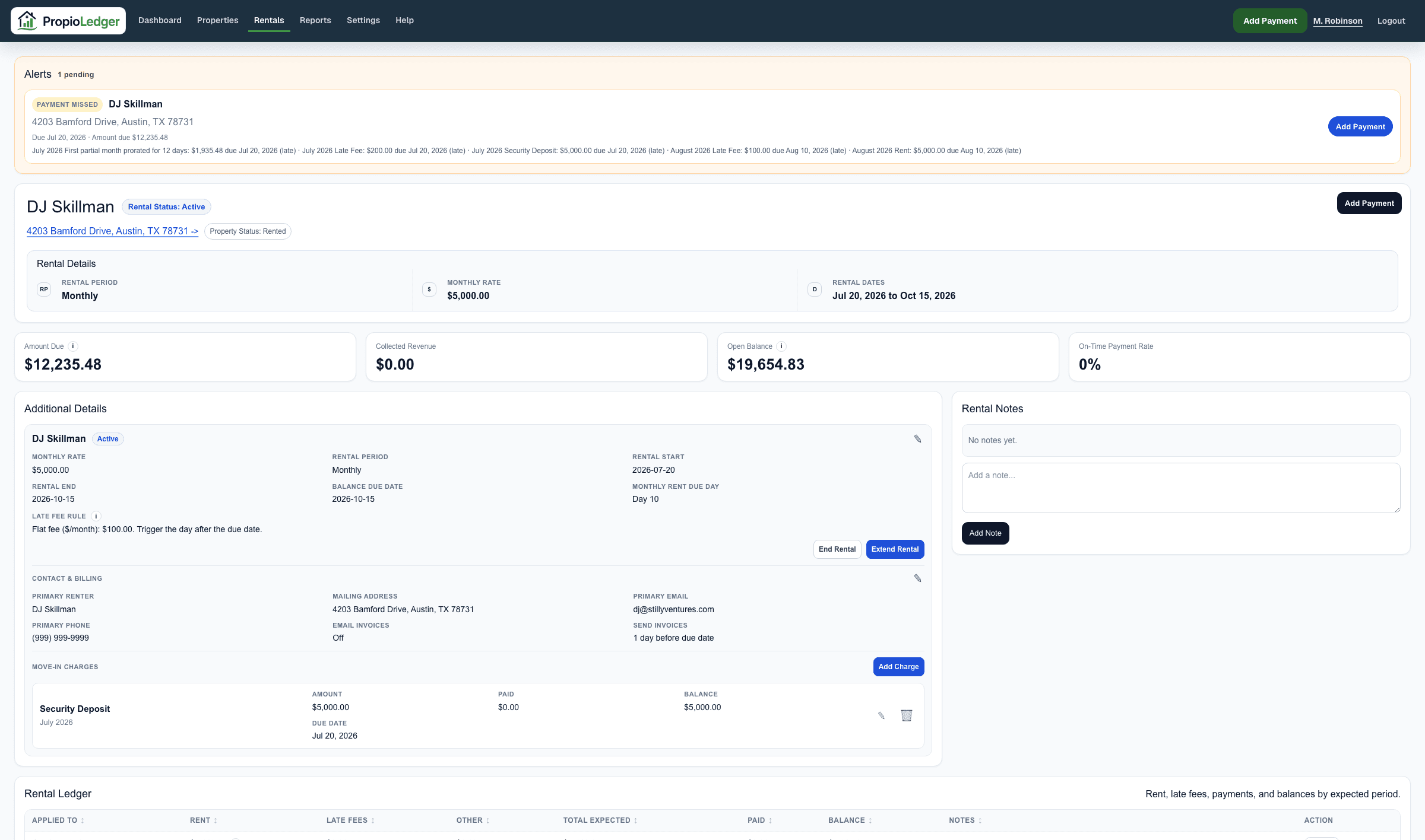 Rental detail page showing an alert, balance summary, rental details, rental ledger, and payment ledger.
