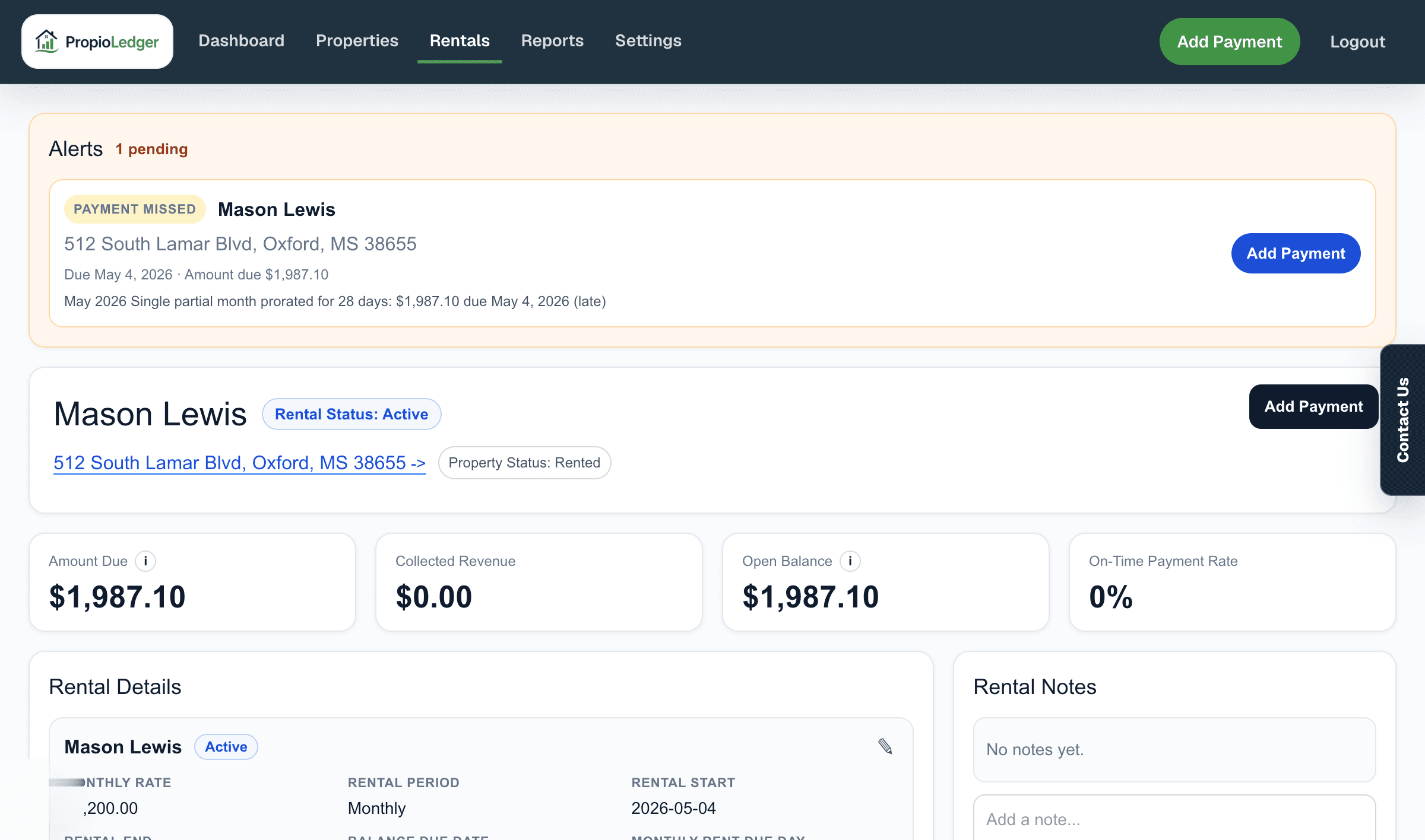 Rental detail page showing rental balance cards, ledger rows, payments, missed payments, move-in charges, and payment ledger detail.