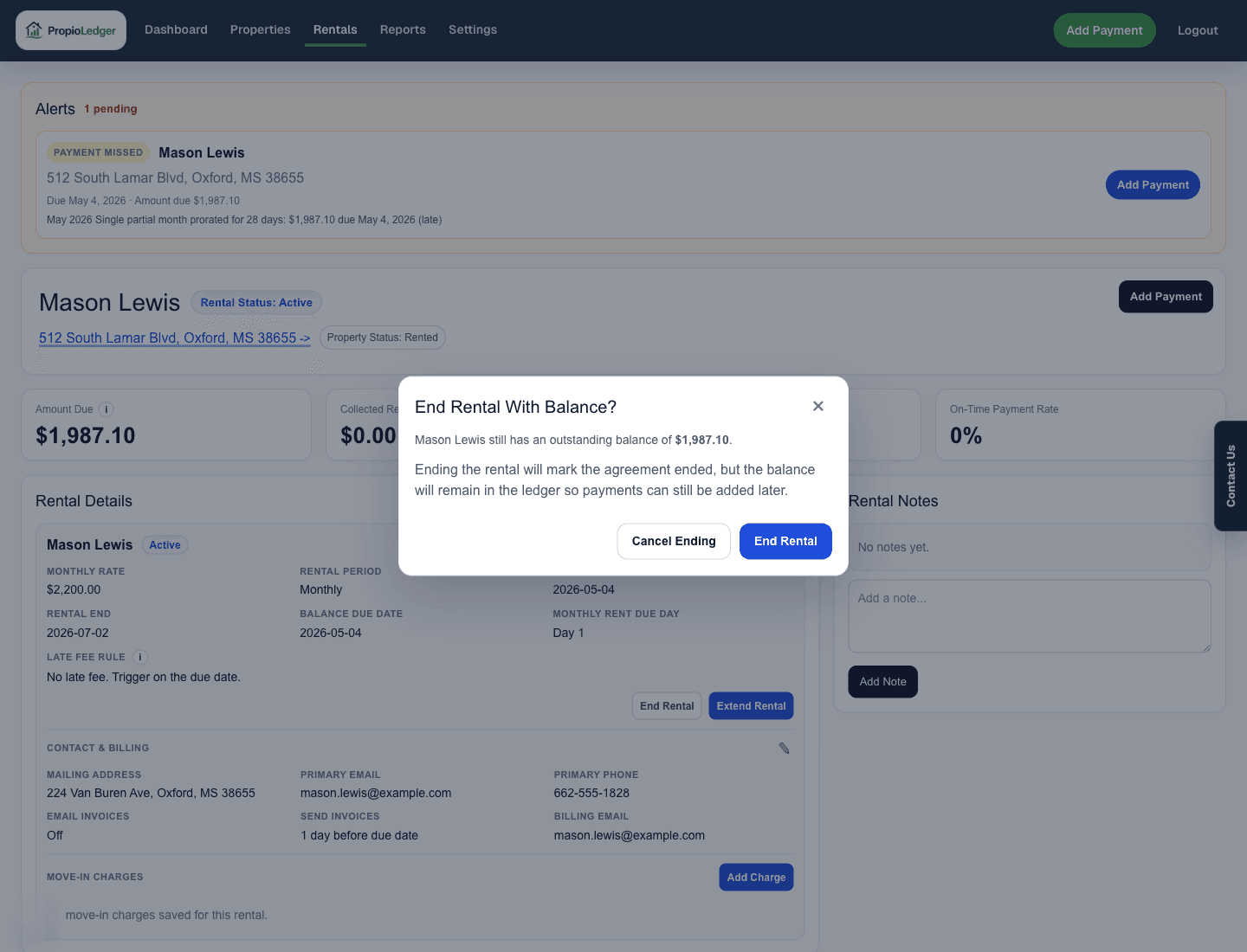 End Rental confirmation modal warning that the active rental has an open balance.