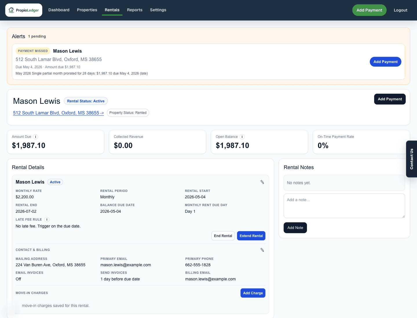 Rental detail page for an active rental showing End Rental and Extend Rental actions.