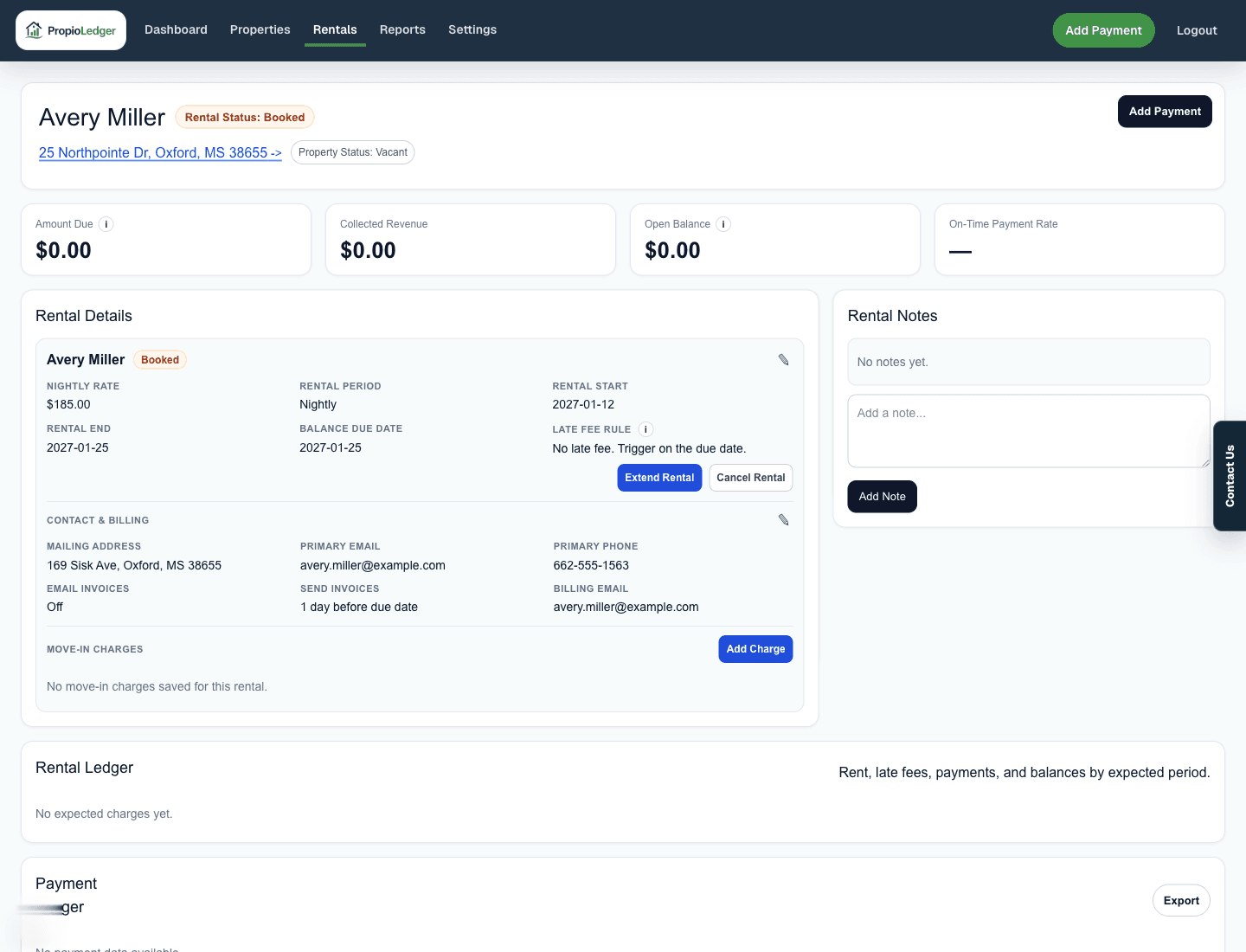 Rental detail page for a booked future rental showing Extend Rental and Cancel Rental actions.