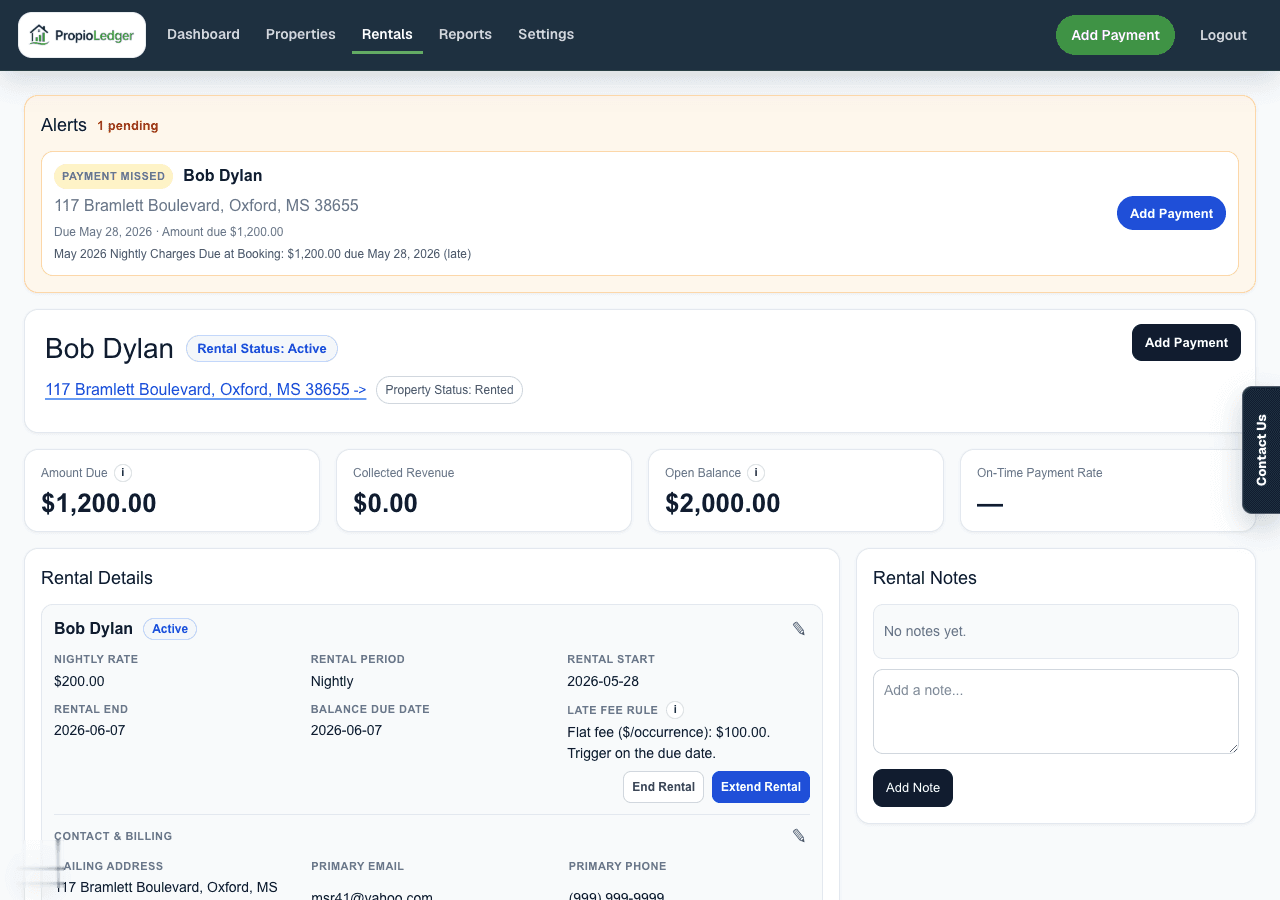 Rental detail page showing rental balances, Rental Ledger rows, and Payment Ledger section.