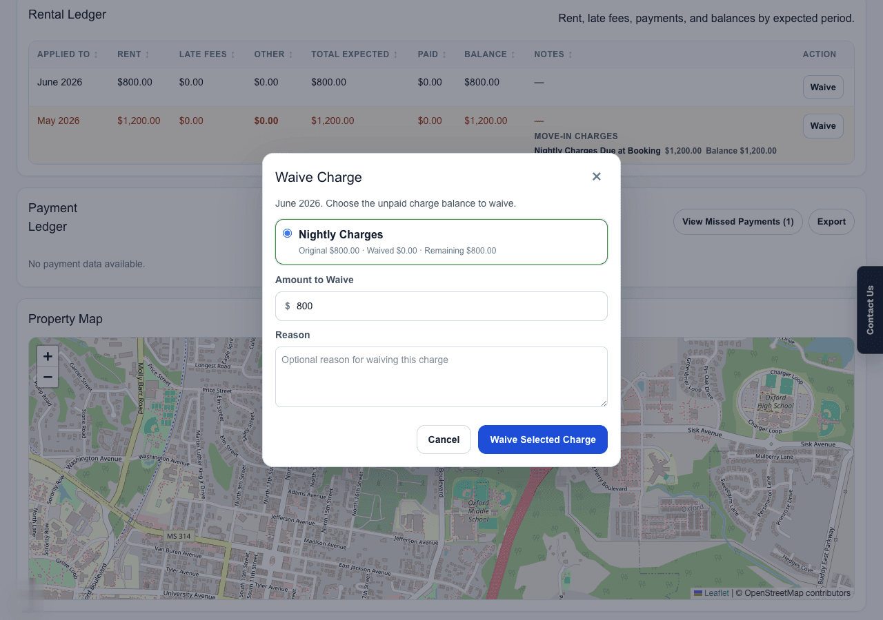 Rental detail page showing the Waive Charge modal with amount to waive and reason fields.