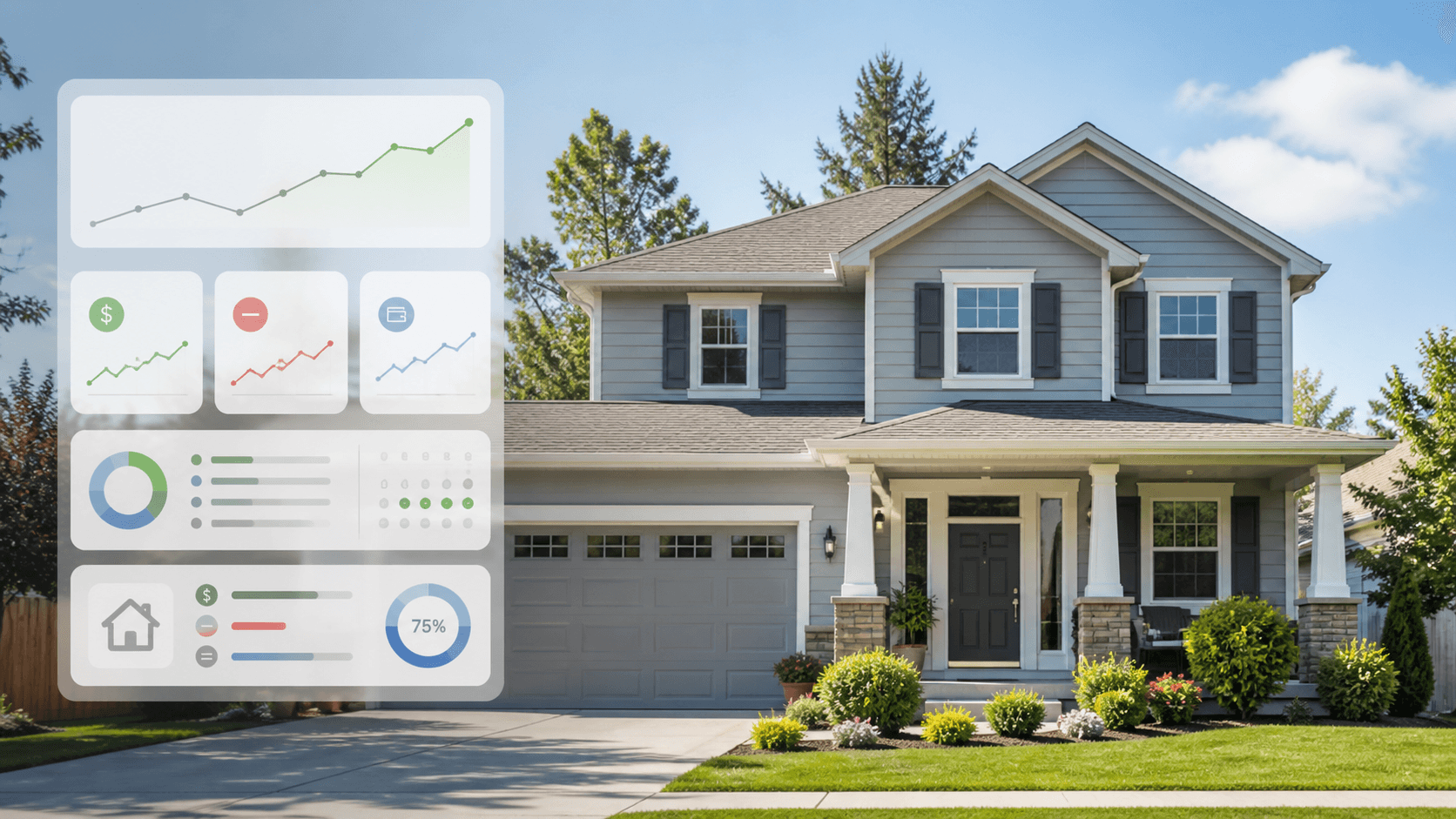 Suburban rental house with a subtle financial tracking dashboard overlay