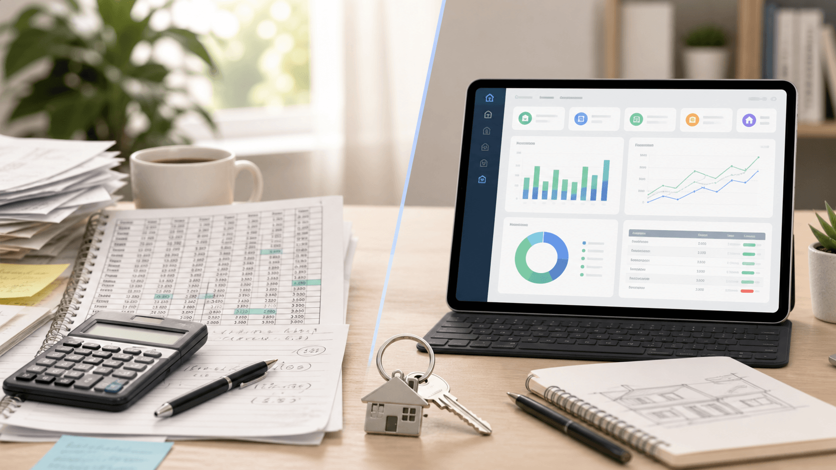 Desk scene comparing paper rental property spreadsheets with an organized accounting software dashboard on a tablet