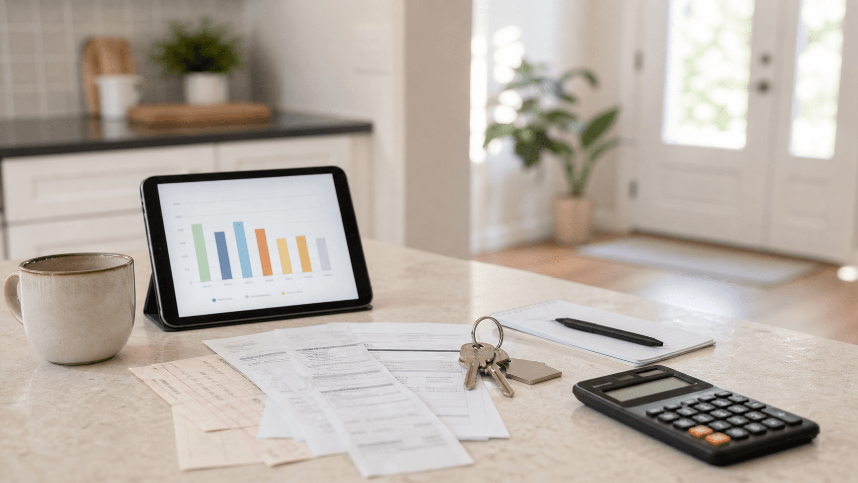 Rental property bookkeeping scene with receipts, keys, calculator, and a tablet showing simple financial charts