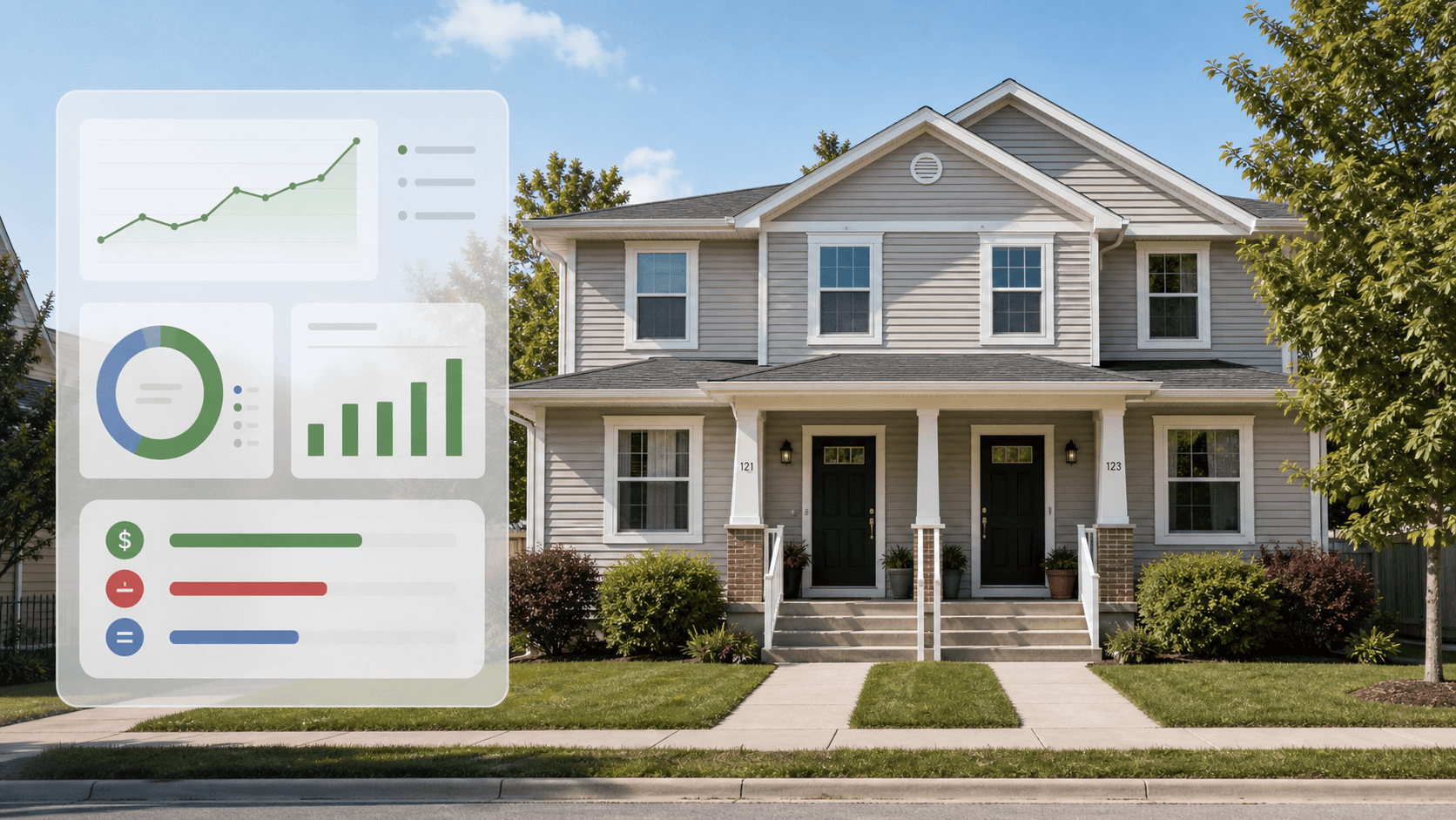 Duplex rental property with a subtle profitability and cash flow dashboard overlay