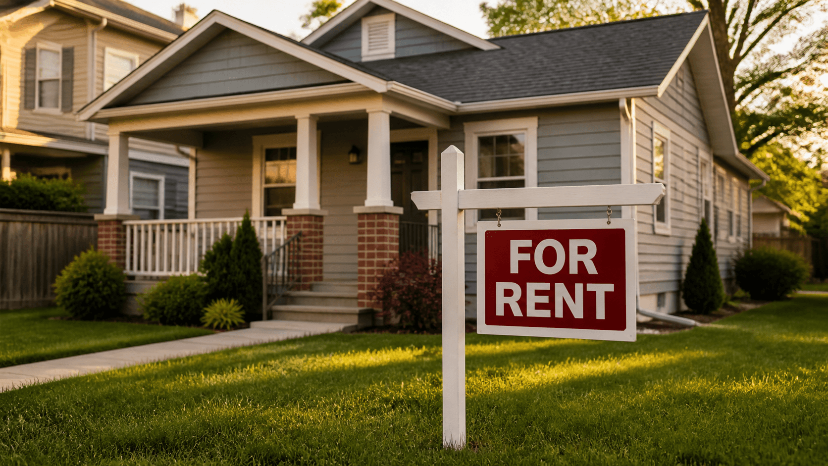 Rental home with a for rent sign in the front yard