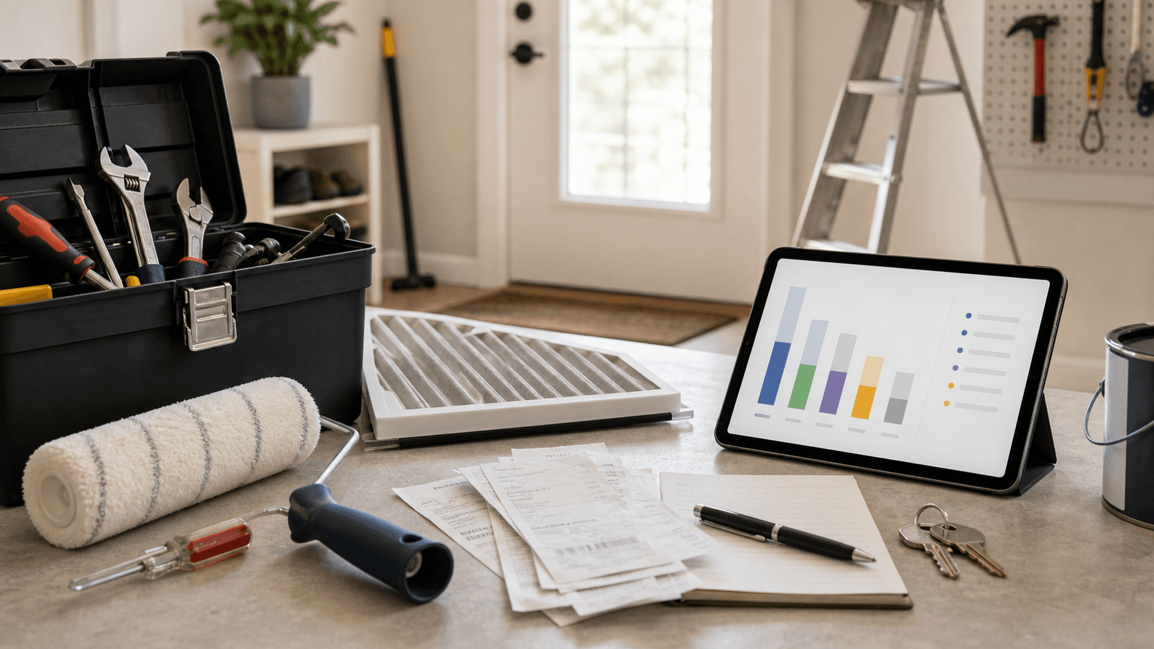 Rental property maintenance and expense tracking scene with tools, receipts, keys, and a tablet chart