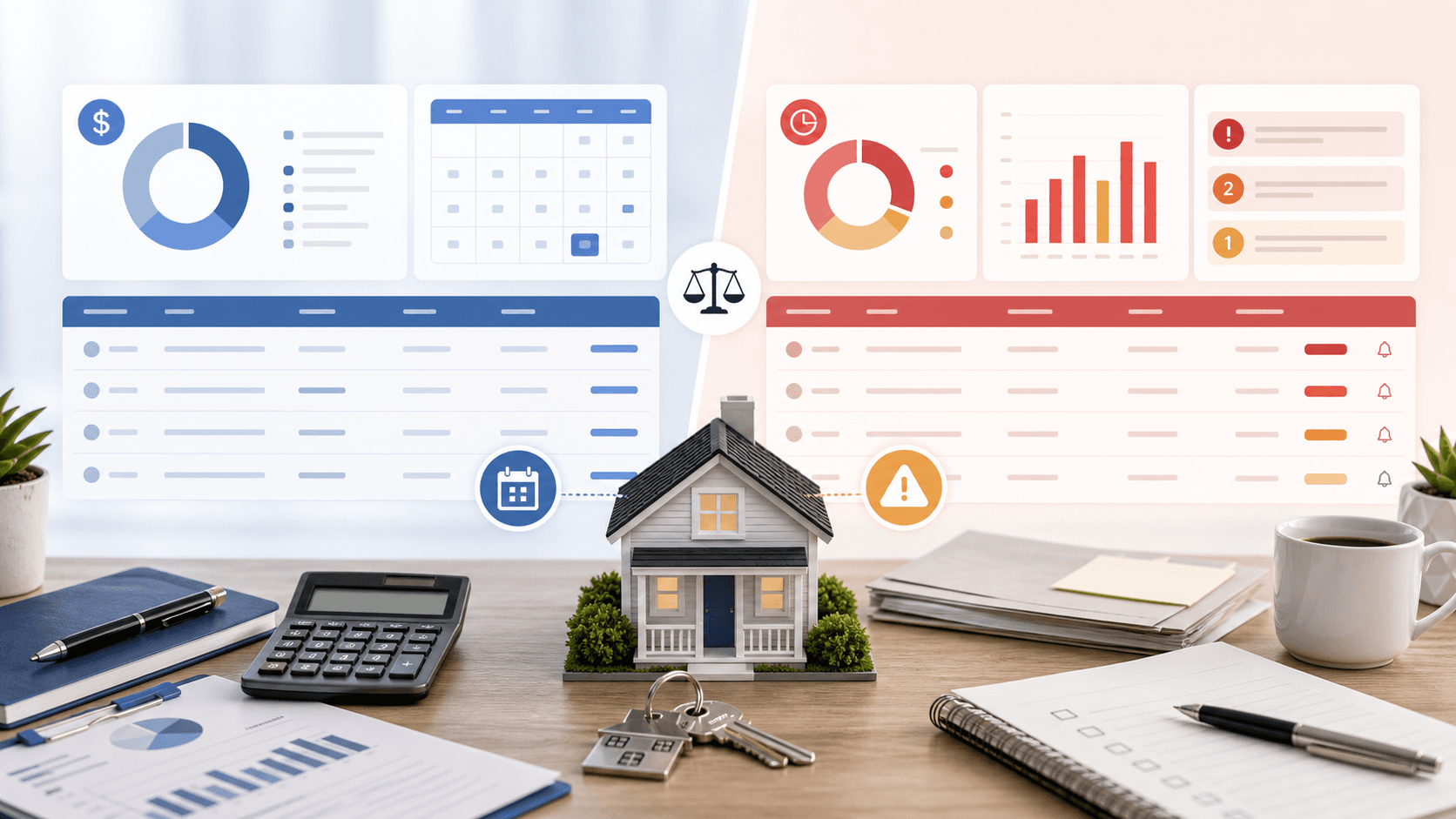 Rental property ledger dashboard comparing open balance receivables with past due collection alerts