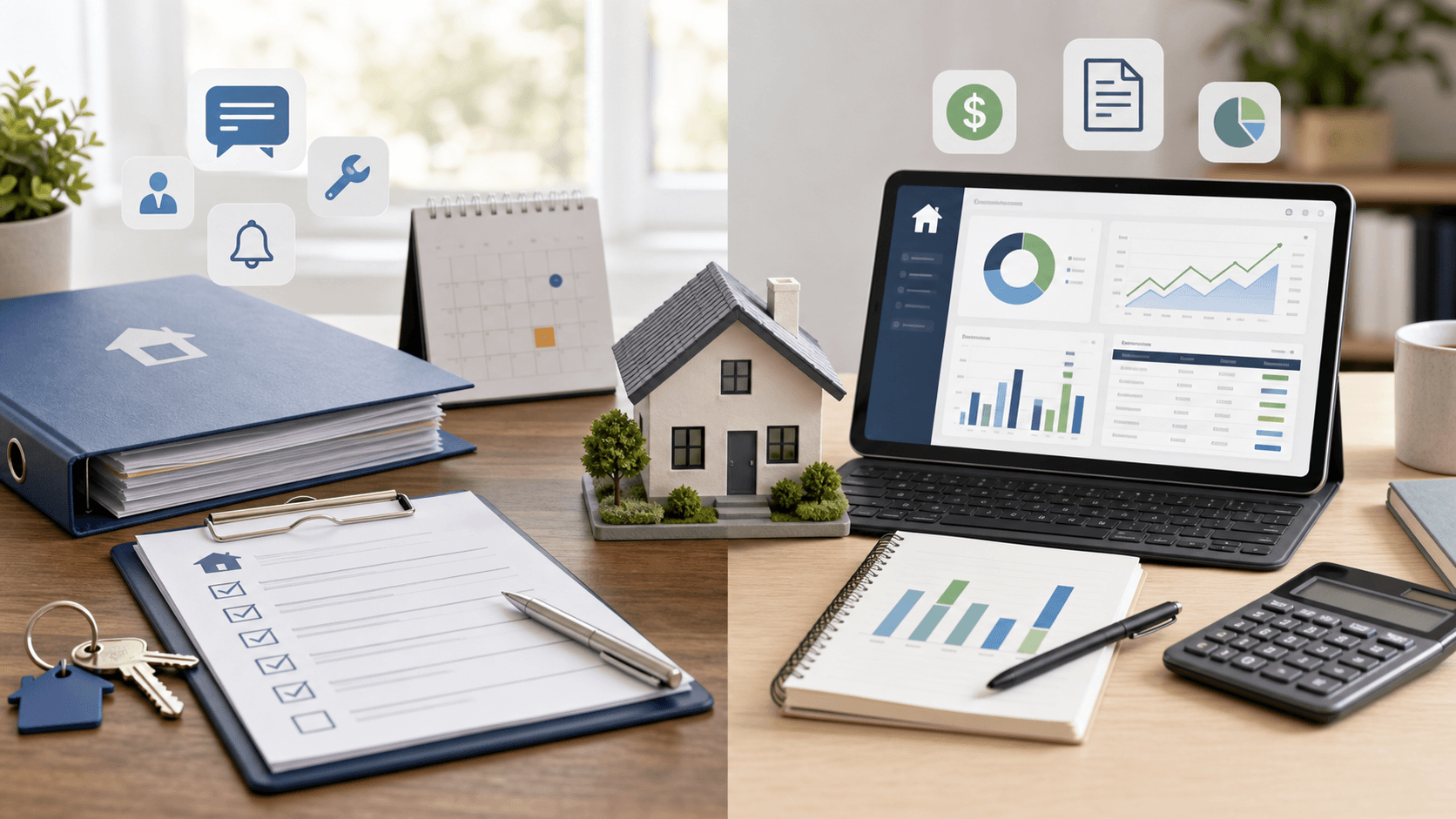 Desk scene comparing property management operations tools with rental property accounting dashboards and reports
