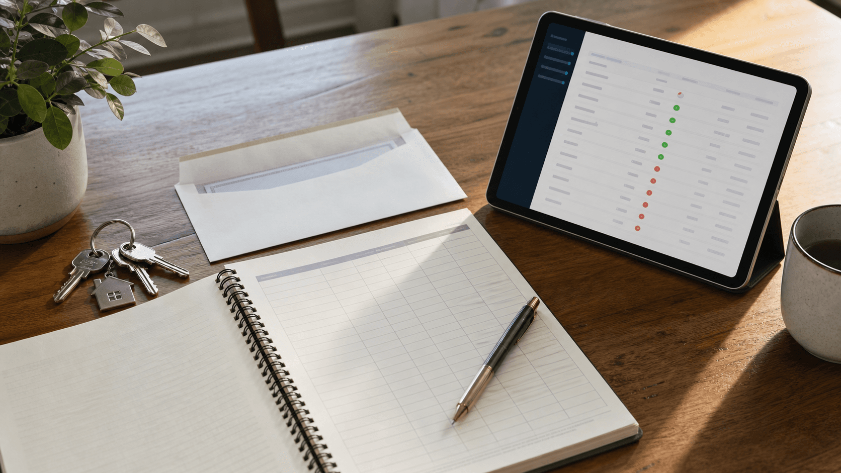 Rental ledger and payment tracking scene with keys, a rent payment envelope, notebook, and tablet