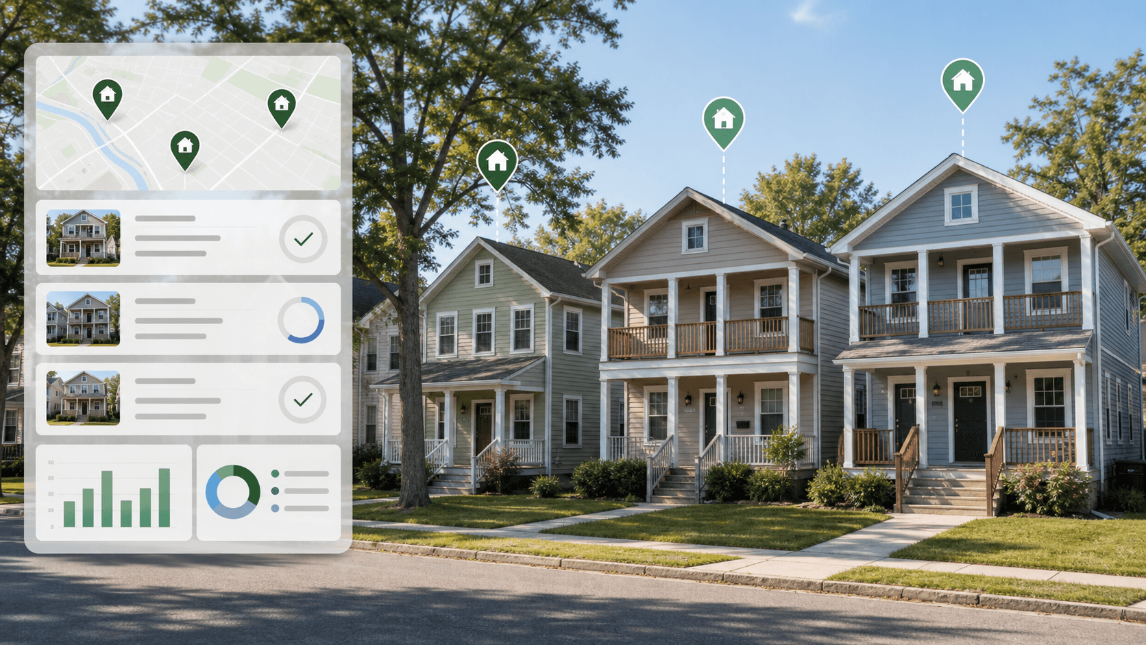 Multiple rental homes with a subtle portfolio tracking map and property status overlay