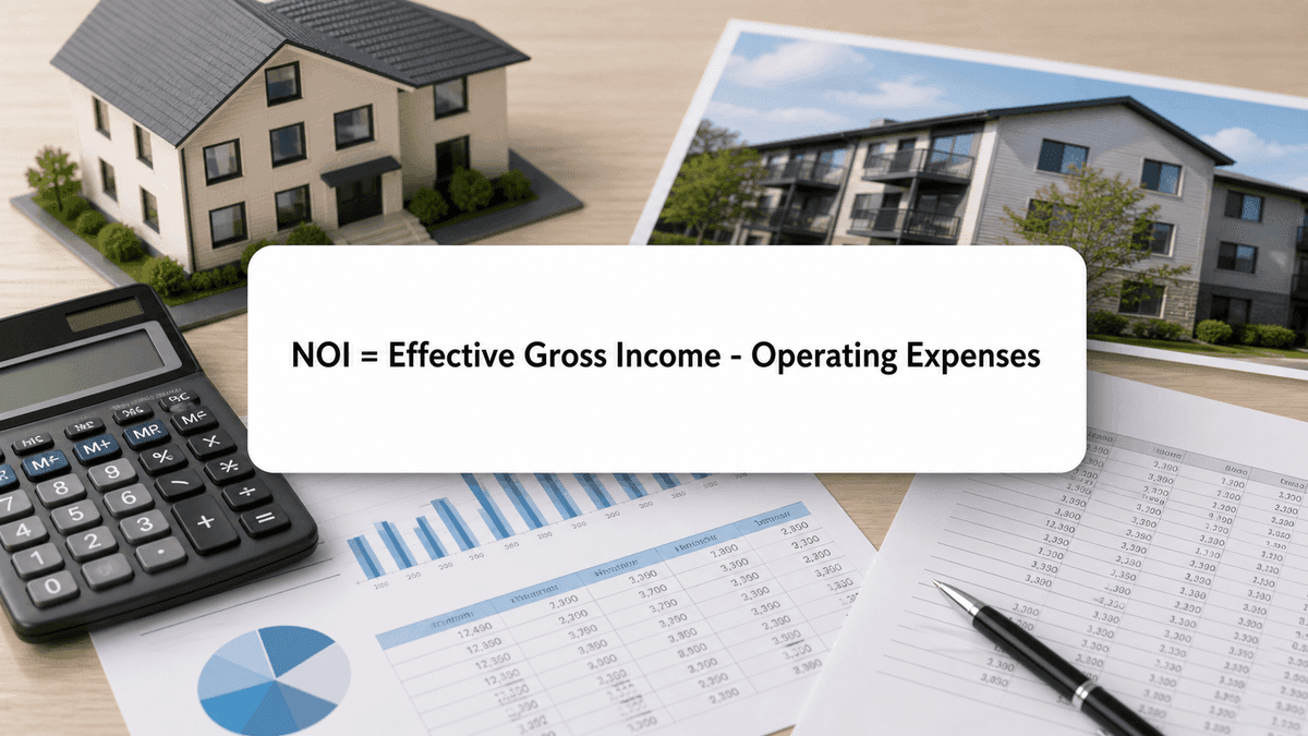 Rental property NOI formula reading NOI equals effective gross income minus operating expenses with rental financial reports on a desk