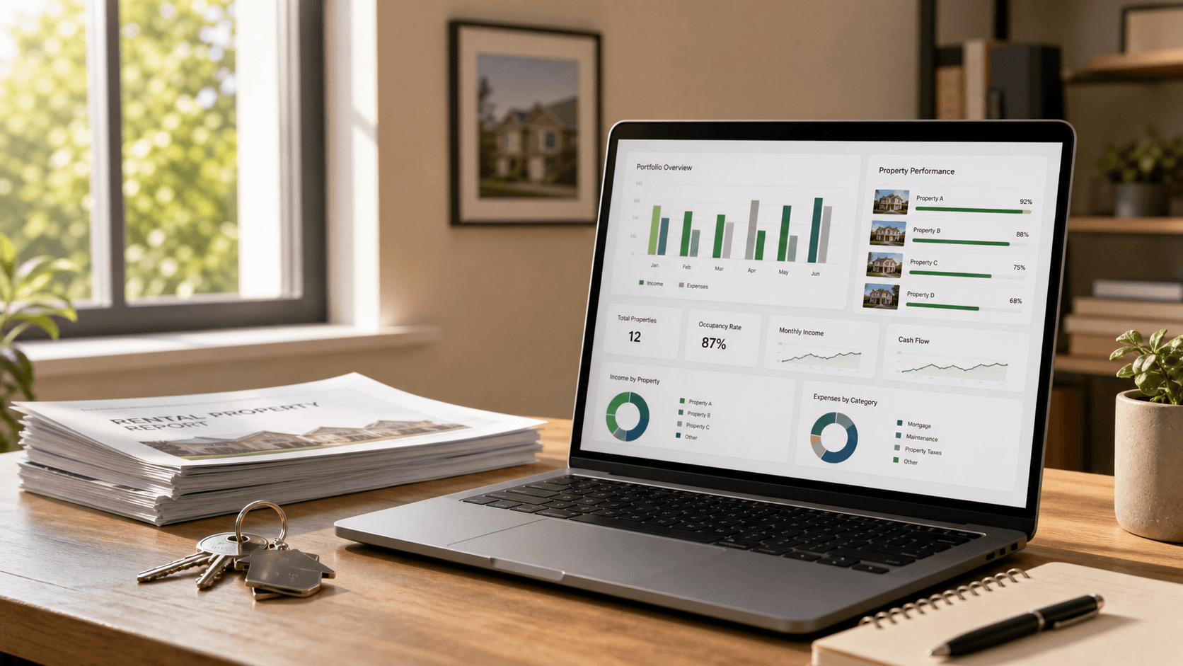 Home office desk with a laptop showing rental property reporting dashboards and portfolio performance charts