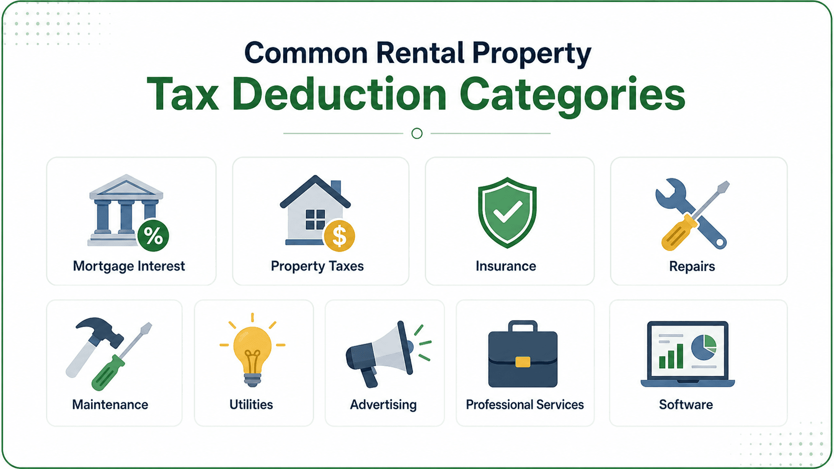 Infographic showing common rental property tax deduction categories including mortgage interest, property taxes, insurance, repairs, maintenance, utilities, advertising, professional services, and software