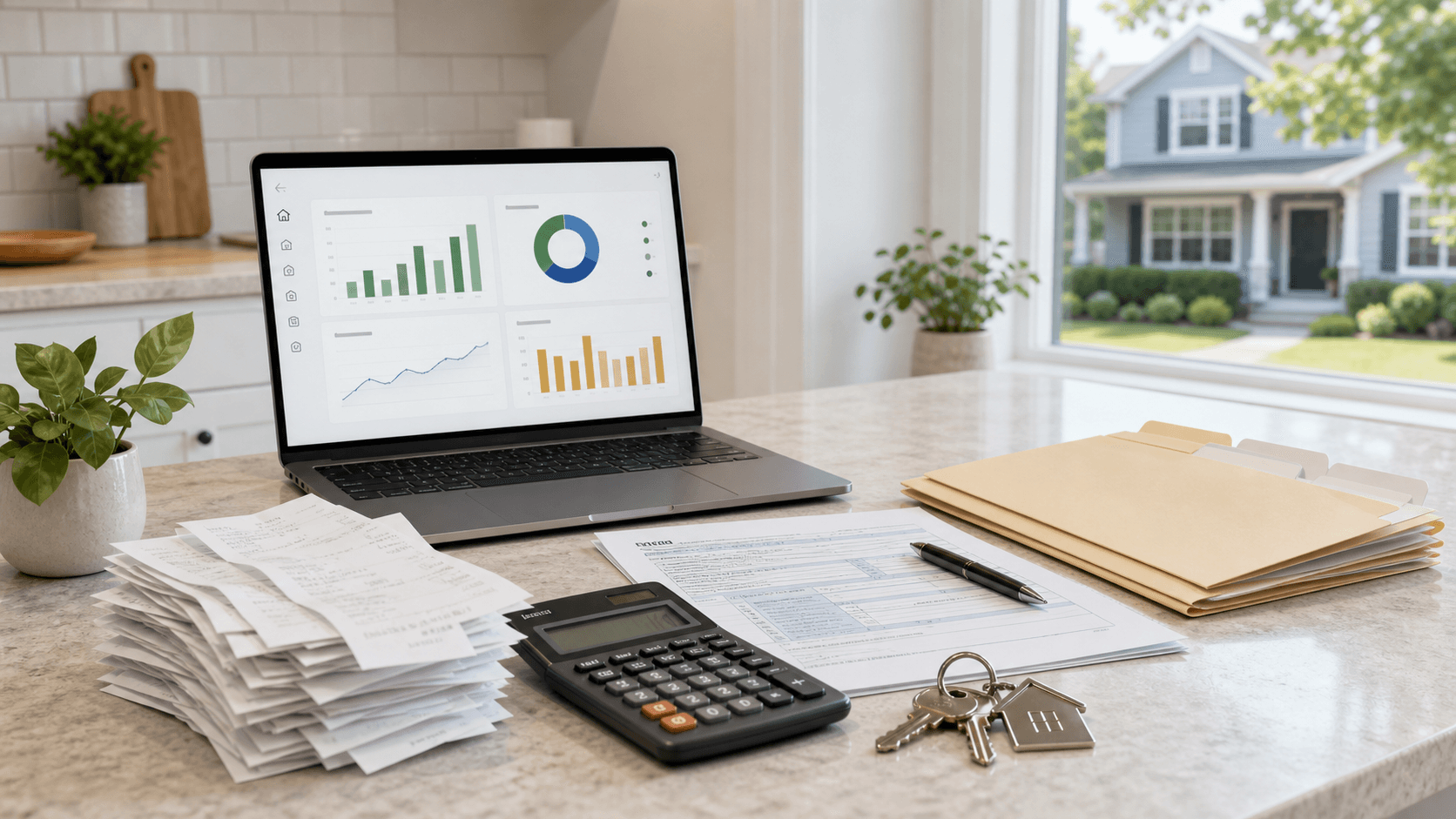 Rental property tax preparation scene with receipts, calculator, folders, keys, tax documents, and a laptop showing financial charts