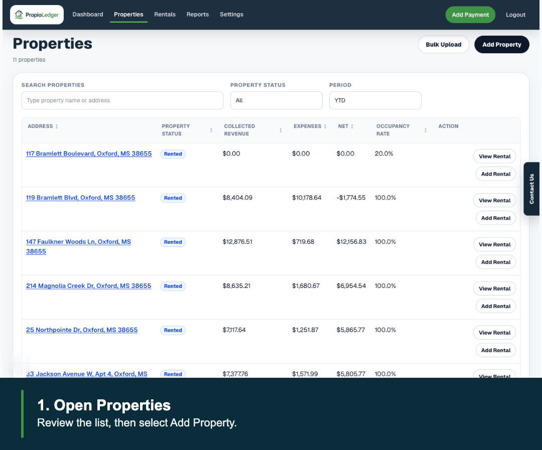 Animated walkthrough showing the Properties page and Add Property modal.