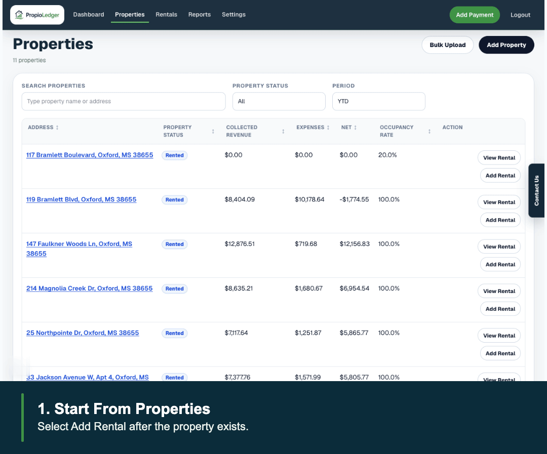 Animated walkthrough showing the Properties page and Create Rental Agreement modal.