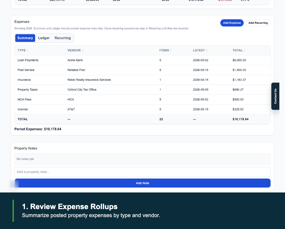Animated walkthrough showing expense summary, expense ledger, recurring expenses, and Add Expense modal.