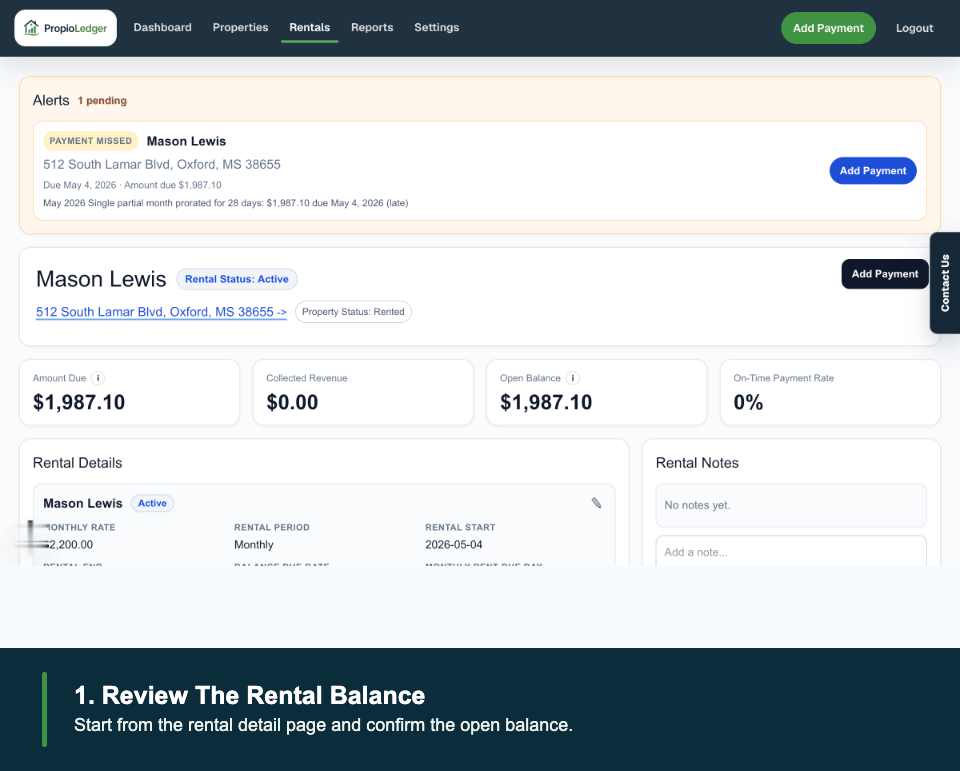 Animated walkthrough of rental balances, the Add Payment helper, and the Rental Ledger.