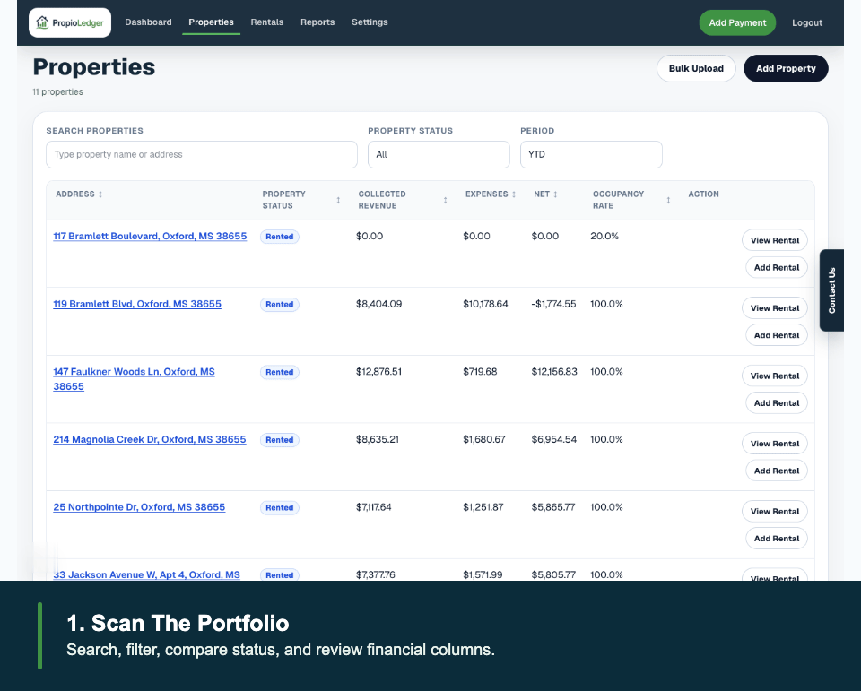 Animated walkthrough showing the Properties page and an individual property page with callout captions.